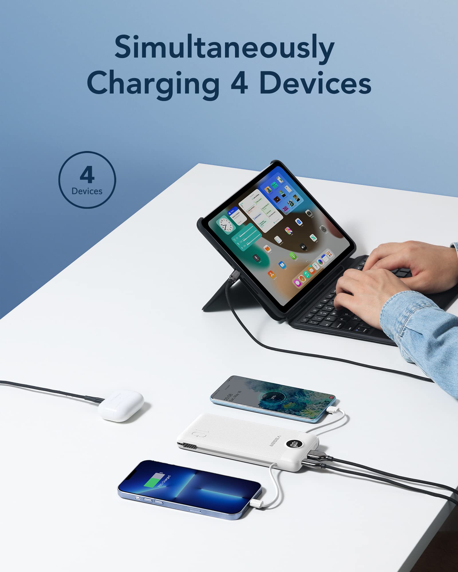 VEGER 10000mAh Ultra Slim Power Bank with Built-in AC Plug & Multi Charging Cables – Universal Portable Travel Charger B White