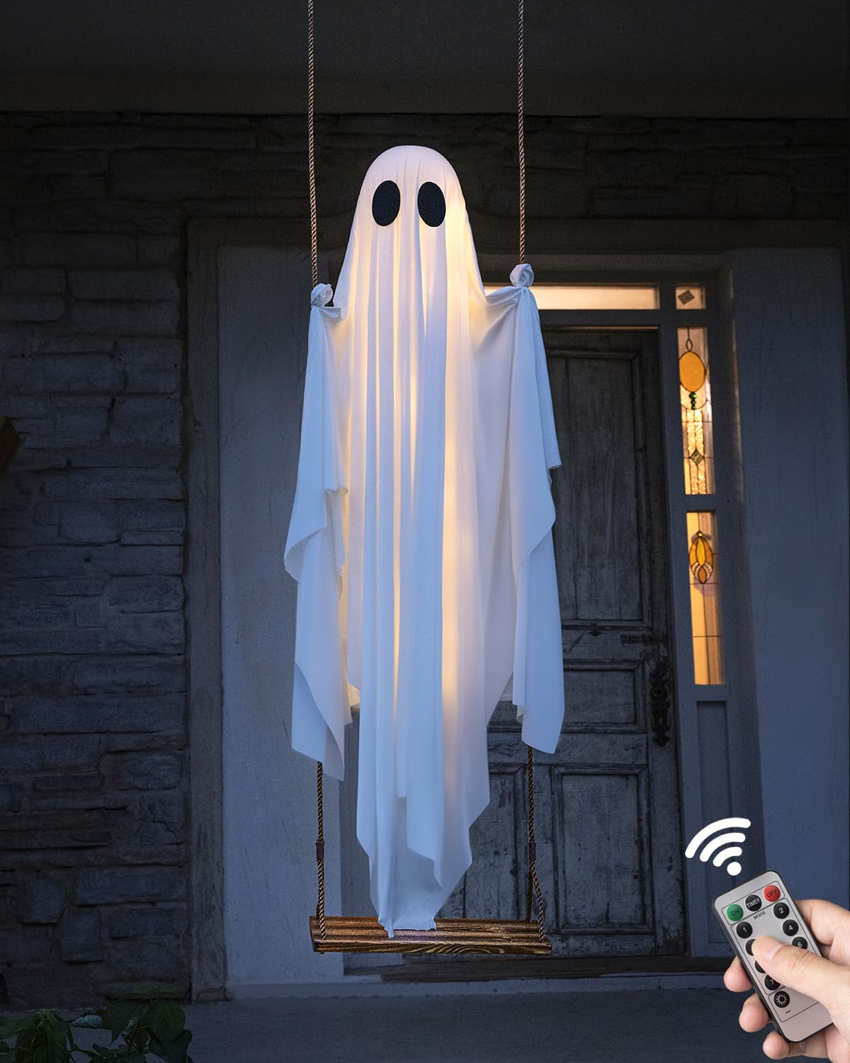 13FT Adjustable Swing Ghost with LED Lights – Giant Hanging Halloween Decoration with Remote & 8 Lighting Modes (White, LK567)