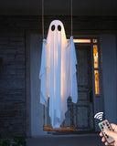 13FT Adjustable Swing Ghost with LED Lights – Giant Hanging Halloween Decoration with Remote & 8 Lighting Modes (White, LK567)