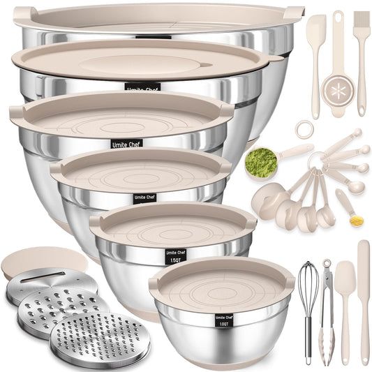 Stainless Steel Mixing Bowl Set with Airtight Lids & Grater Attachments (6 Sizes)
