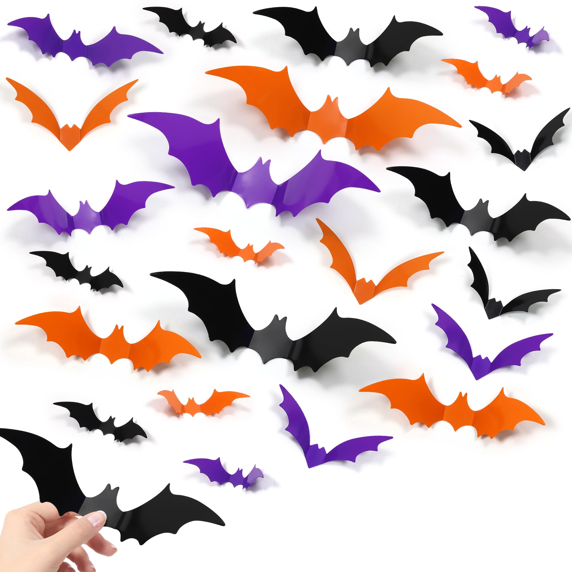 Halloween 3D Bat Wall Decals – 100 PCS Waterproof PVC Bats in Orange, Purple & Black (5 Sizes)