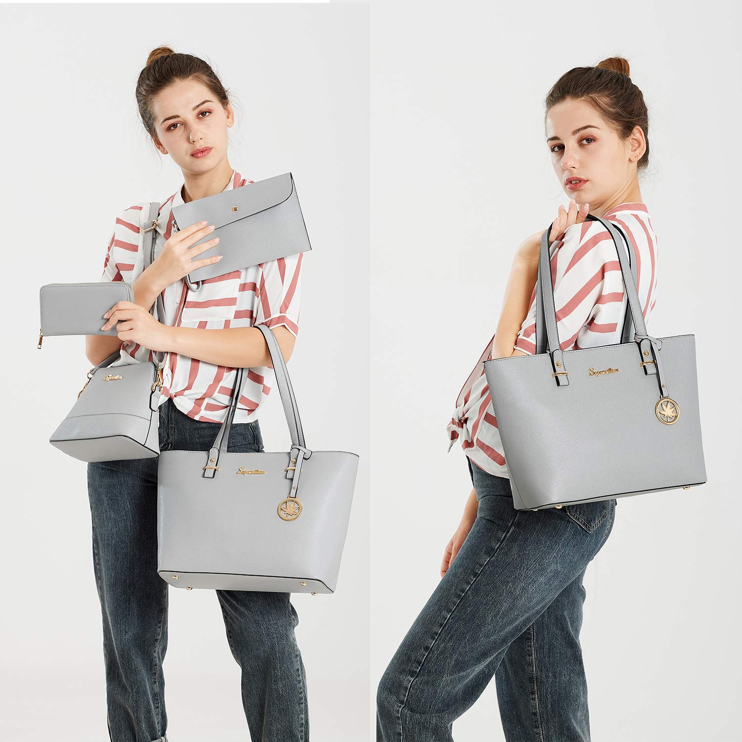 Soperwillton 5-Piece Handbag Set for Women – Tote, Shoulder Bag, Wallet & Clutch Purse Set (Grey)