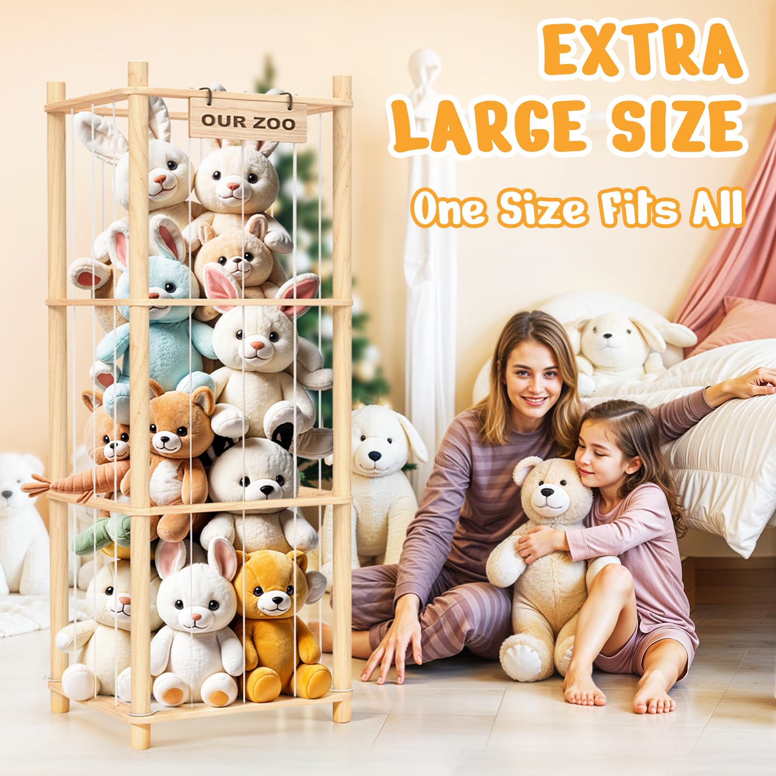 Wooden Stuffed Animal Organizer Tower – Large Capacity Toy Storage Zoo (Natural)