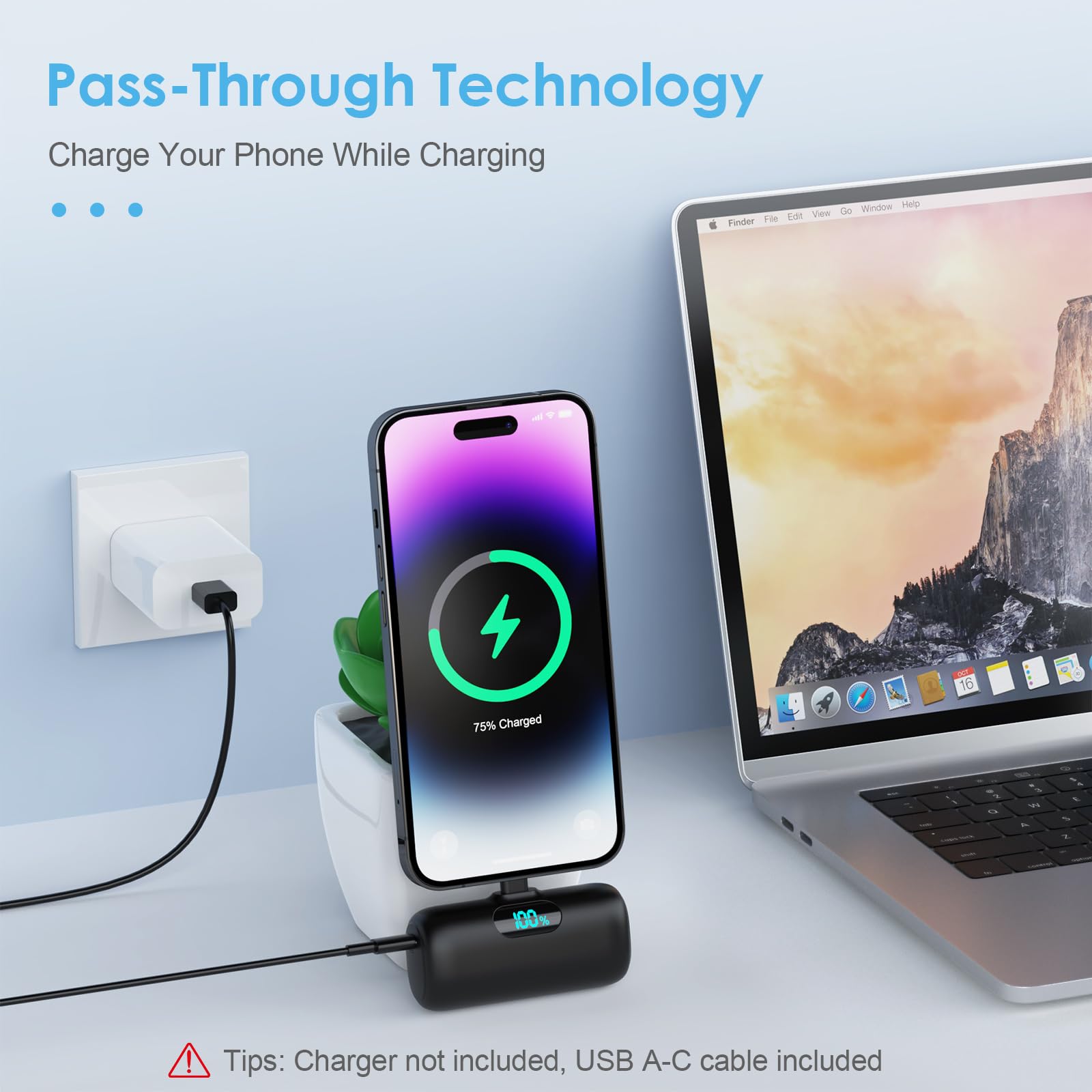 Mini 5000mAh Portable Charger for iPhone – Ultra Compact Plug-In Emergency Power Bank (Black)