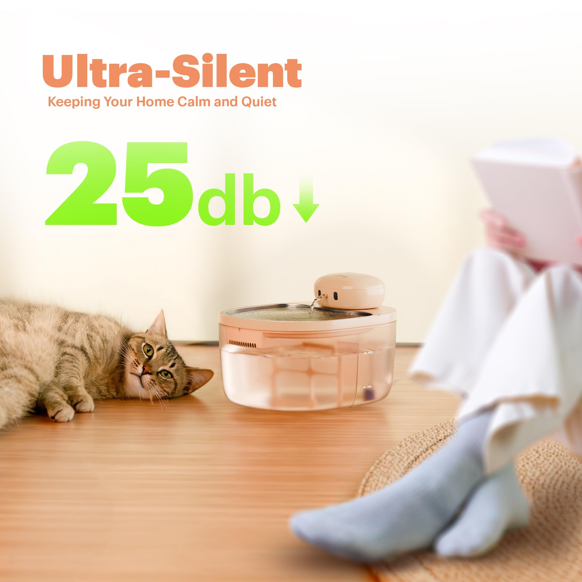 Apricot Pink Cordless Pet Water Fountain 3L – Pump-Free Vacuum System with Sensor & Timer Modes