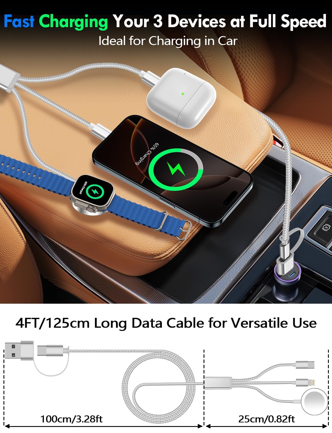 3-in-2 Magnetic Fast Charging Cable – Apple Watch & Phone Travel Charger, USB-C Combo, 4ft (All White)