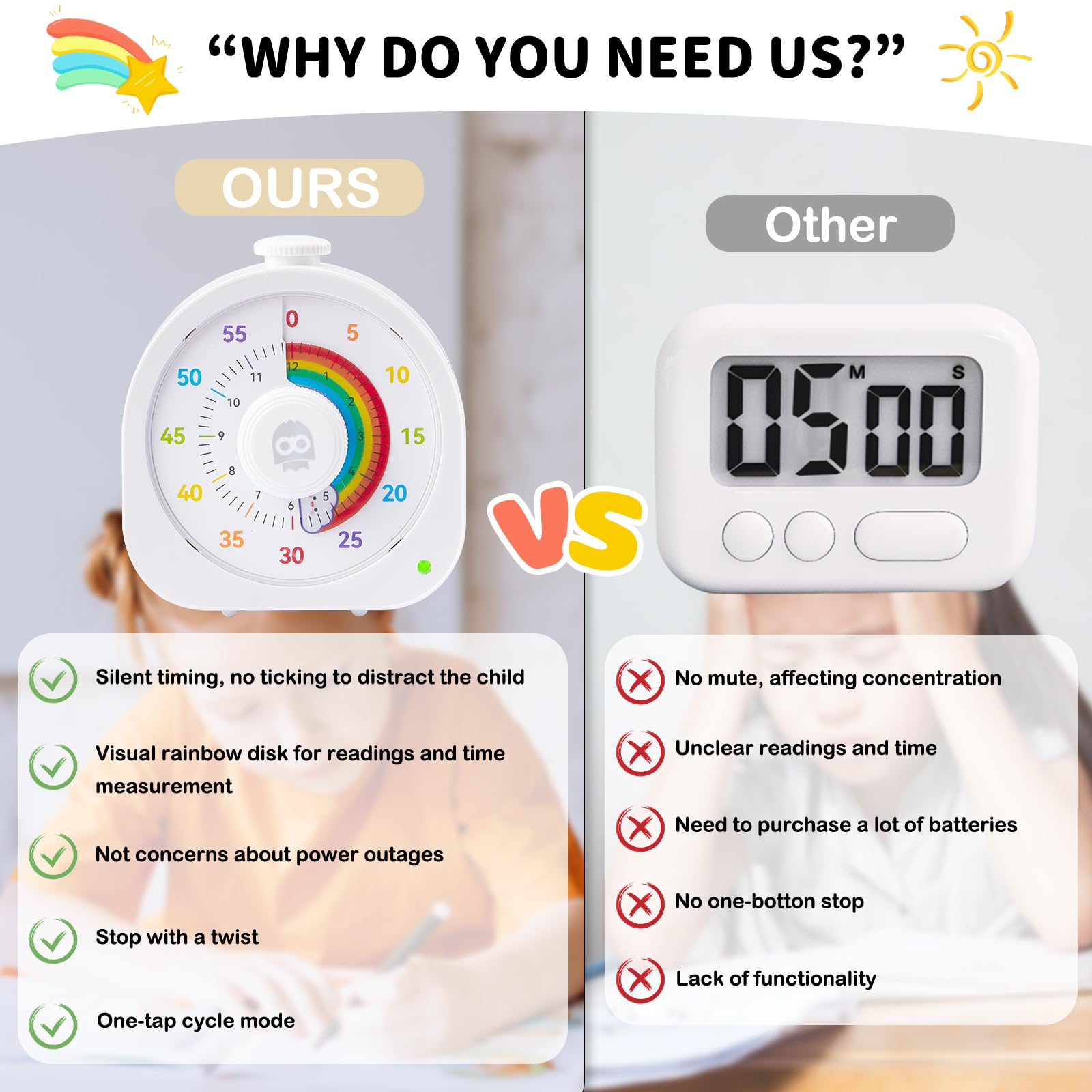 Rainbow Visual Timer with Magnetic Stand, Silent Rechargeable Countdown & Pomodoro Mode (60 Min / 12H) for Kids, Classroom & Focus Training – White