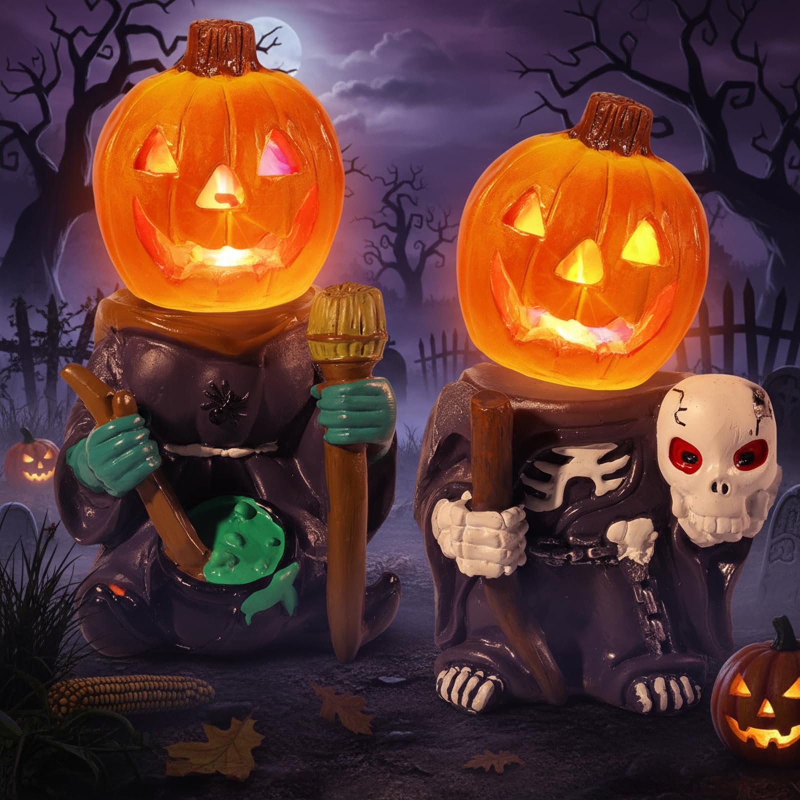 Vintage Halloween Resin Pumpkin Set – Hand-Painted Skeleton & Witch Figurines with Glow Base (Multicolor, 2-Pack)