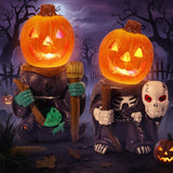 Vintage Halloween Resin Pumpkin Set – Hand-Painted Skeleton & Witch Figurines with Glow Base (Multicolor, 2-Pack)