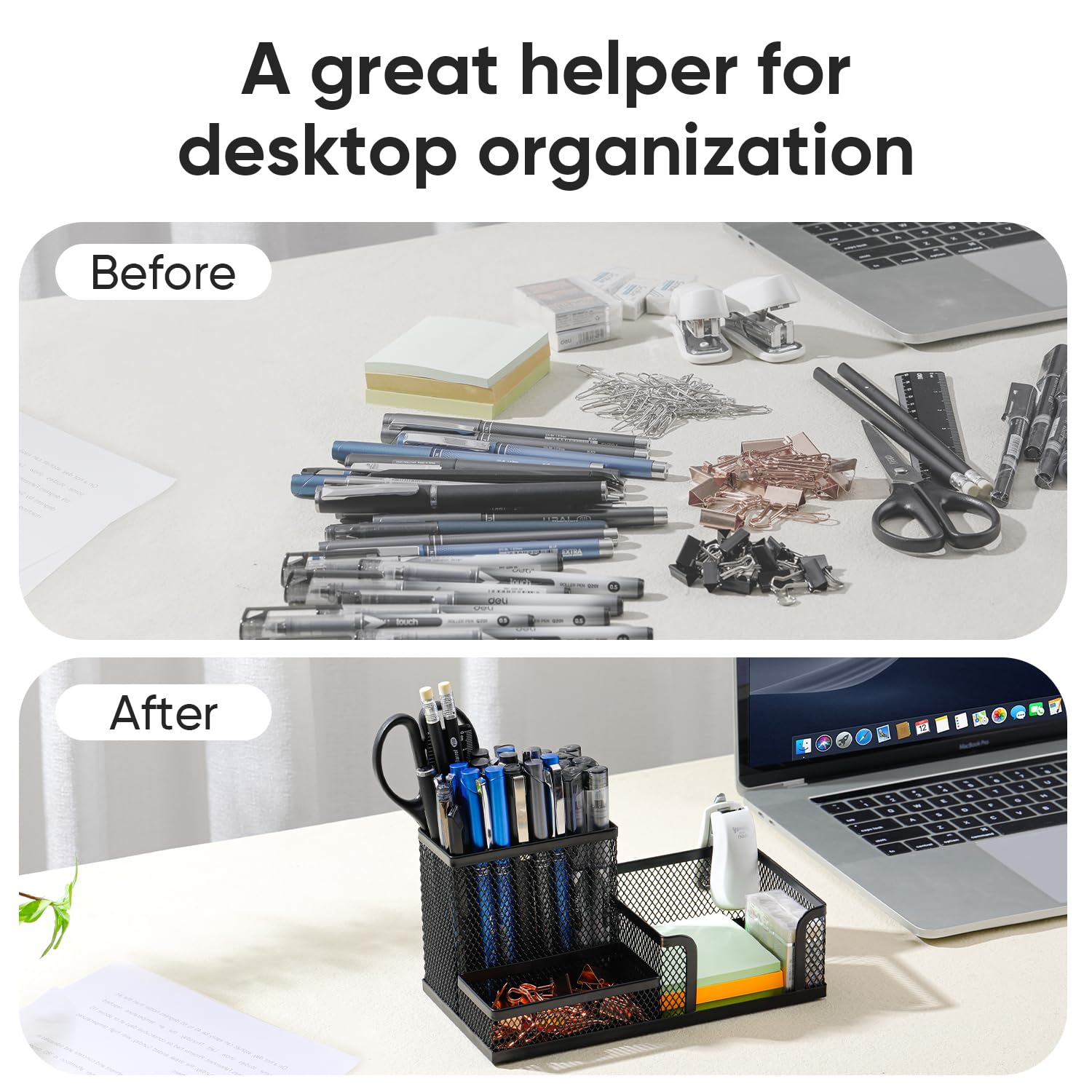 Deli Mesh Desk Organizer 3-Compartment Metal Office Supplies Holder with Non-Slip Base Desktop Storage Caddy – Black