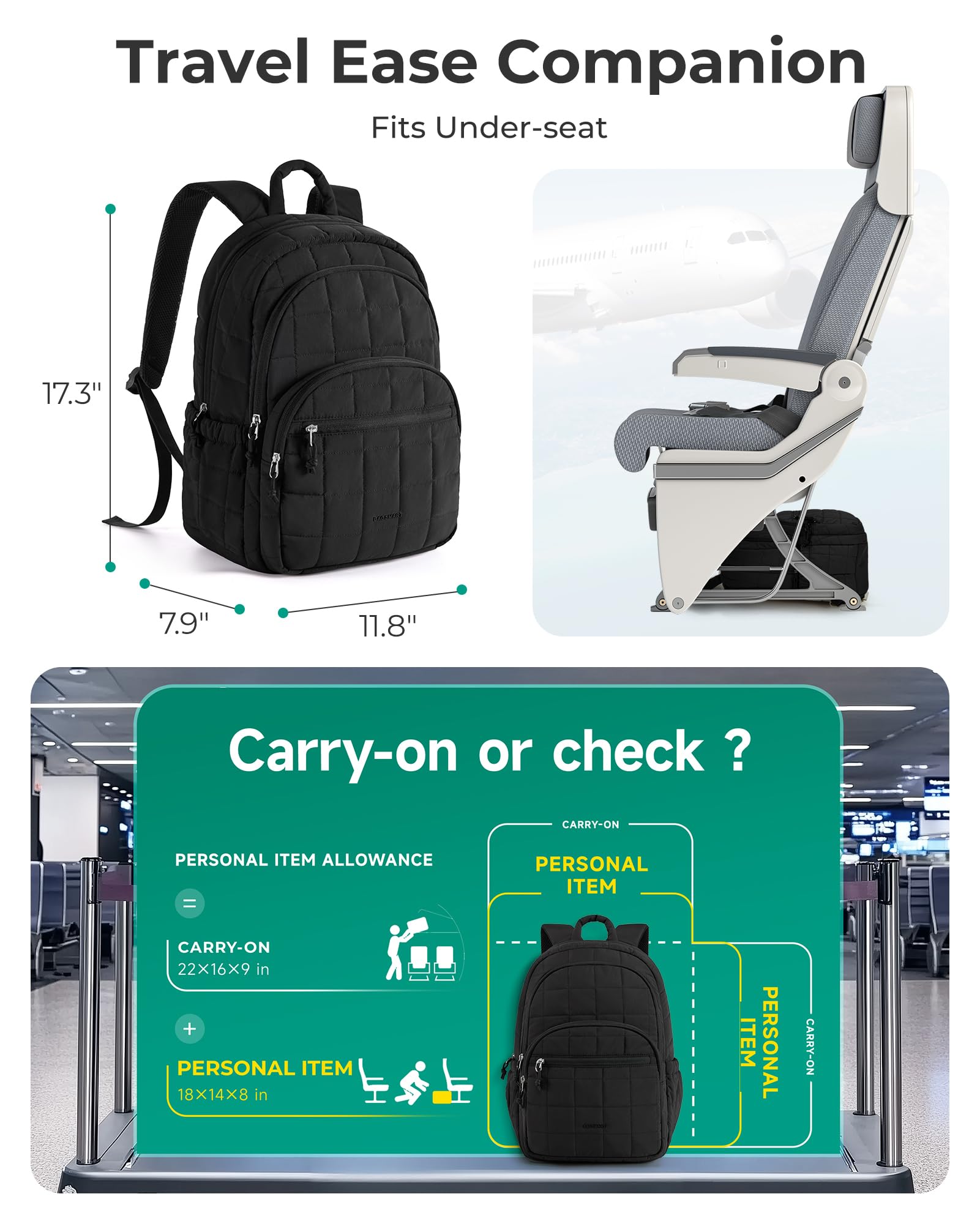 BAGSMART College Laptop Backpack for Women with Quilted Design, Water-Resistant Bookbag for 15.6 Inch Laptop