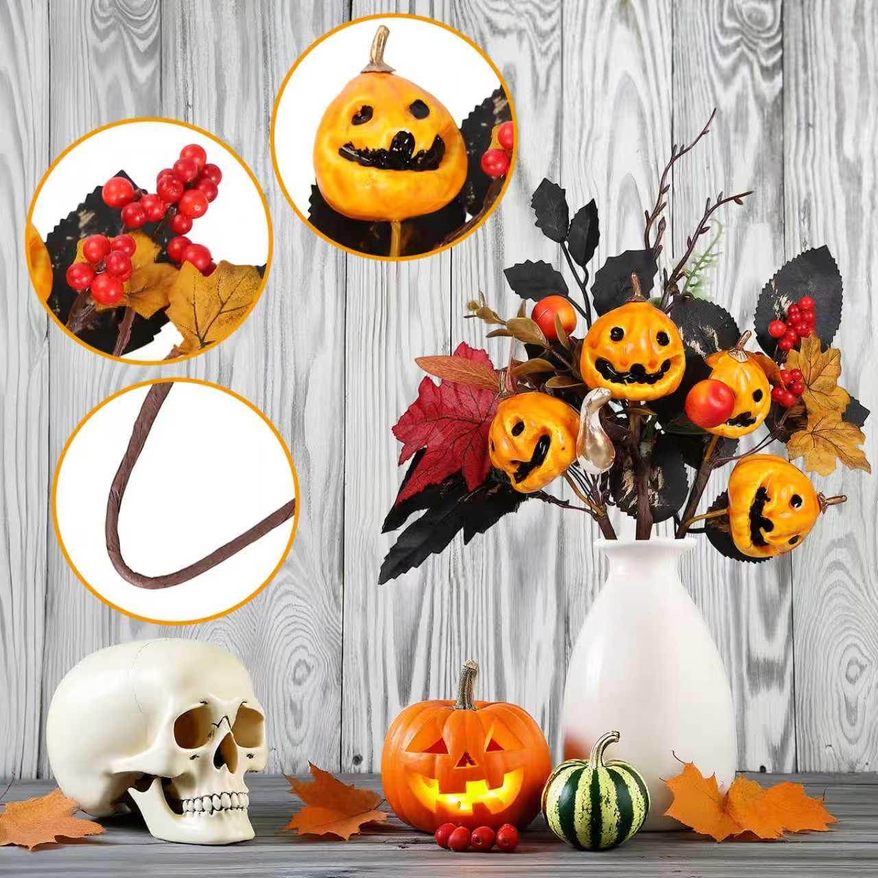 Lcuasc 6pcs Halloween Pumpkins Picks 9-10" Floral Picks with Grimace Pumpkin Berry Maple Leaves for Halloween Gothic Holidays Celebration Home Decor,Black
