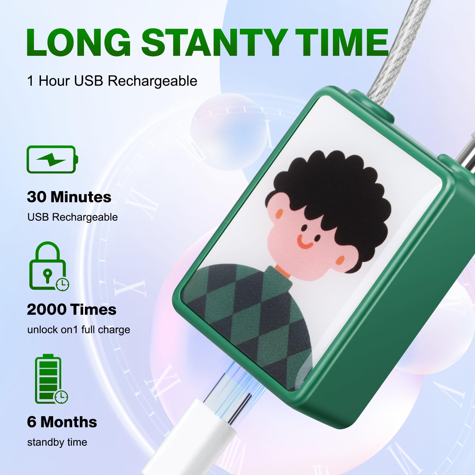 Portable Fingerprint Cable Padlock with USB Rechargeable Battery, Biometric Security Lock for Gym Locker, Backpack & Travel