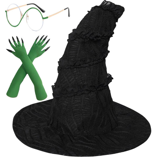 Green Witch Costume Accessory Set – Witch Hat, Green Gloves & Round Glasses for Women 🧙‍♀️💚✨