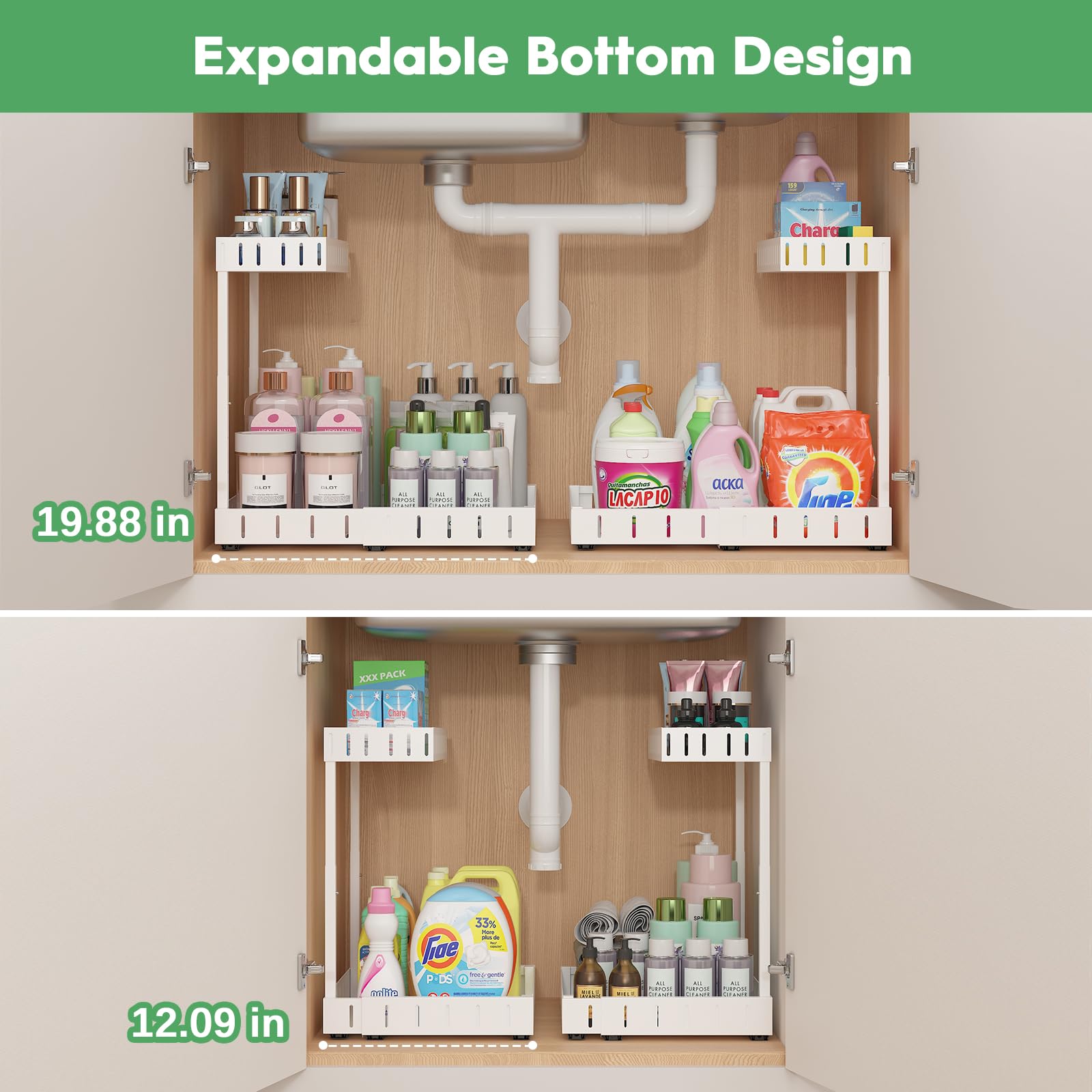 REALINN Expandable Under Sink Organizer 2-Pack – Adjustable Height Pull-Out Cabinet Storage for Kitchen & Bathroom