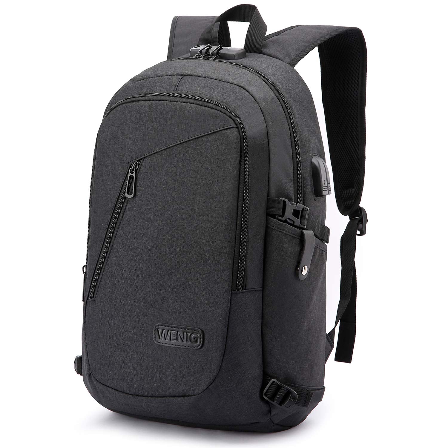 WENIG Anti-Theft Travel Laptop Backpack with USB Charging Port & Lock – 15.6 Inch, Black