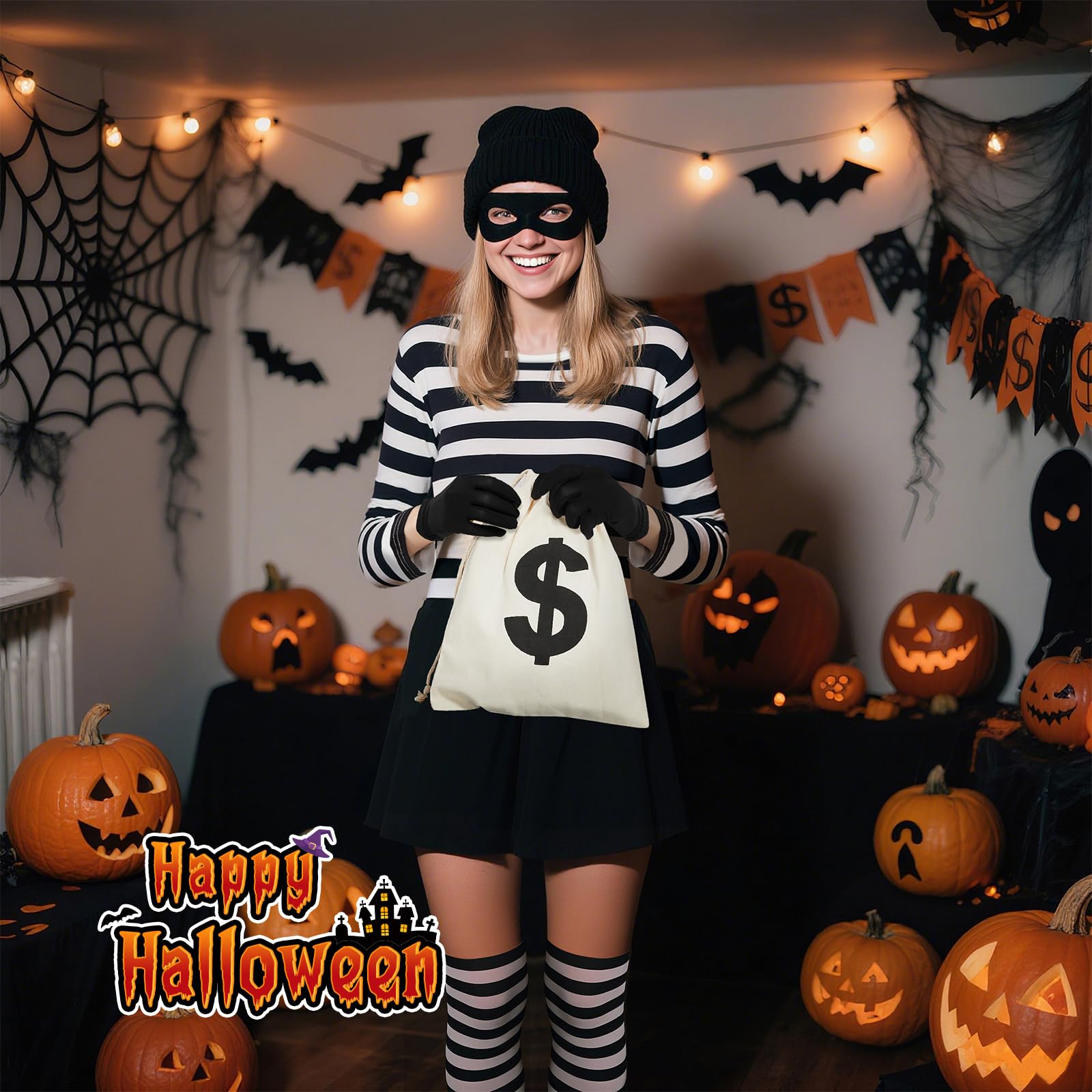 Women’s Classic Burglar Costume Set – Black & White Striped Halloween Outfit with Mask, Hat, Gloves & Coin Bag