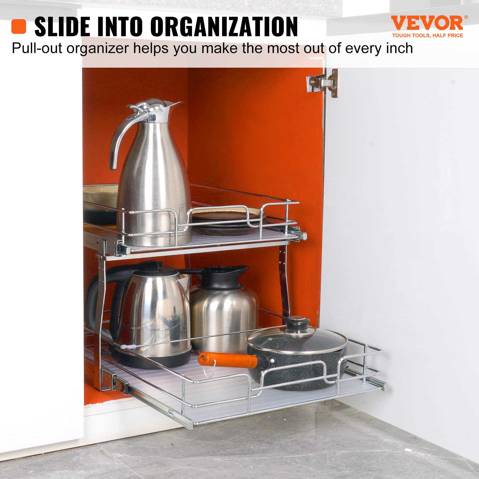 2-Tier Heavy-Duty Pull-Out Cabinet Organizer – Steel Slide-Out Pantry Shelves with Smooth Ball-Bearing Rails (18.7” W x 21” D)