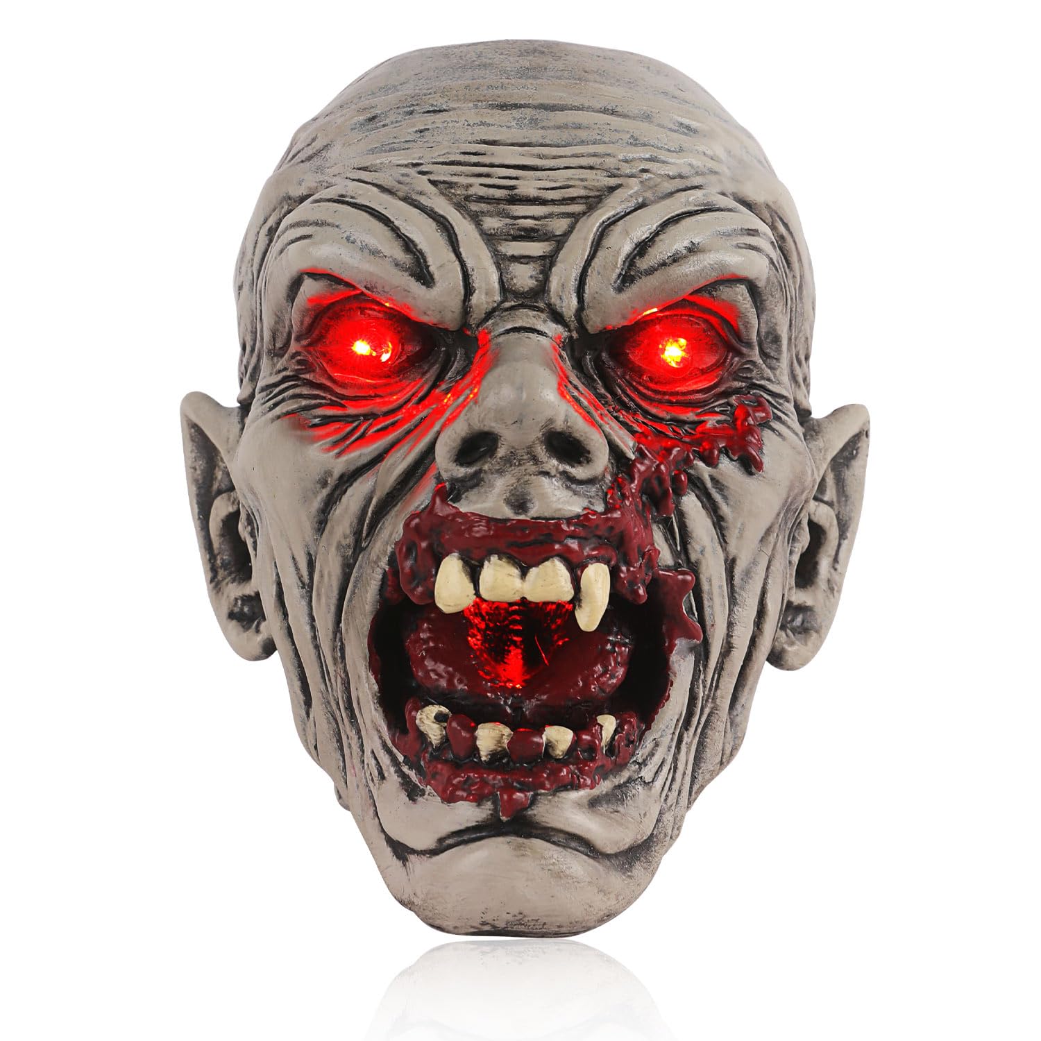 Solar-Powered Zombie Head Halloween Decor – Realistic Resin Outdoor Statue with Light-Up Eyes & Mouth