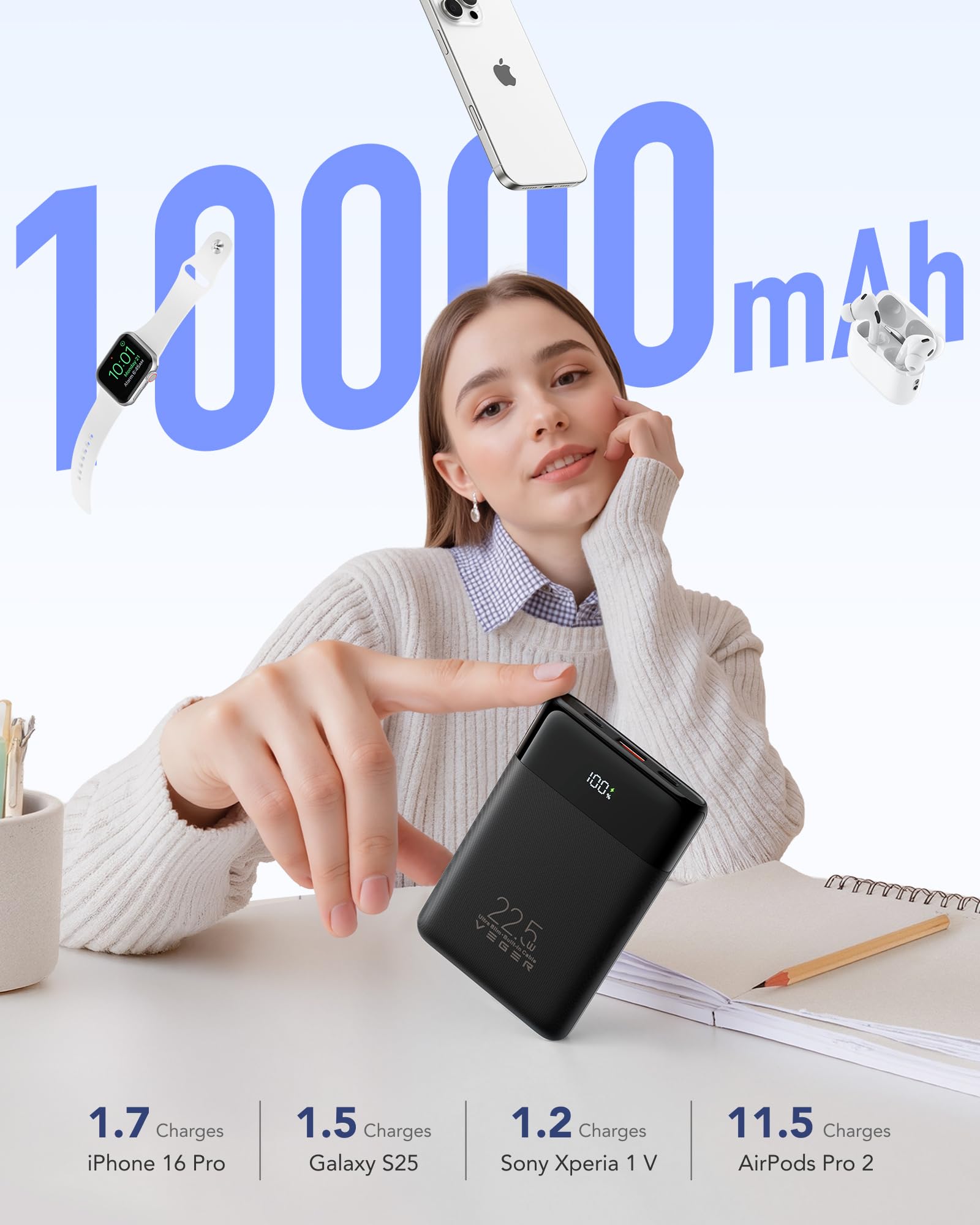 VEGER 10000mAh Slim Power Bank with Built-in USB-C & Lightning Cables – 22.5W Fast Charging Portable Charger for iPhone, Samsung & Travel Devices