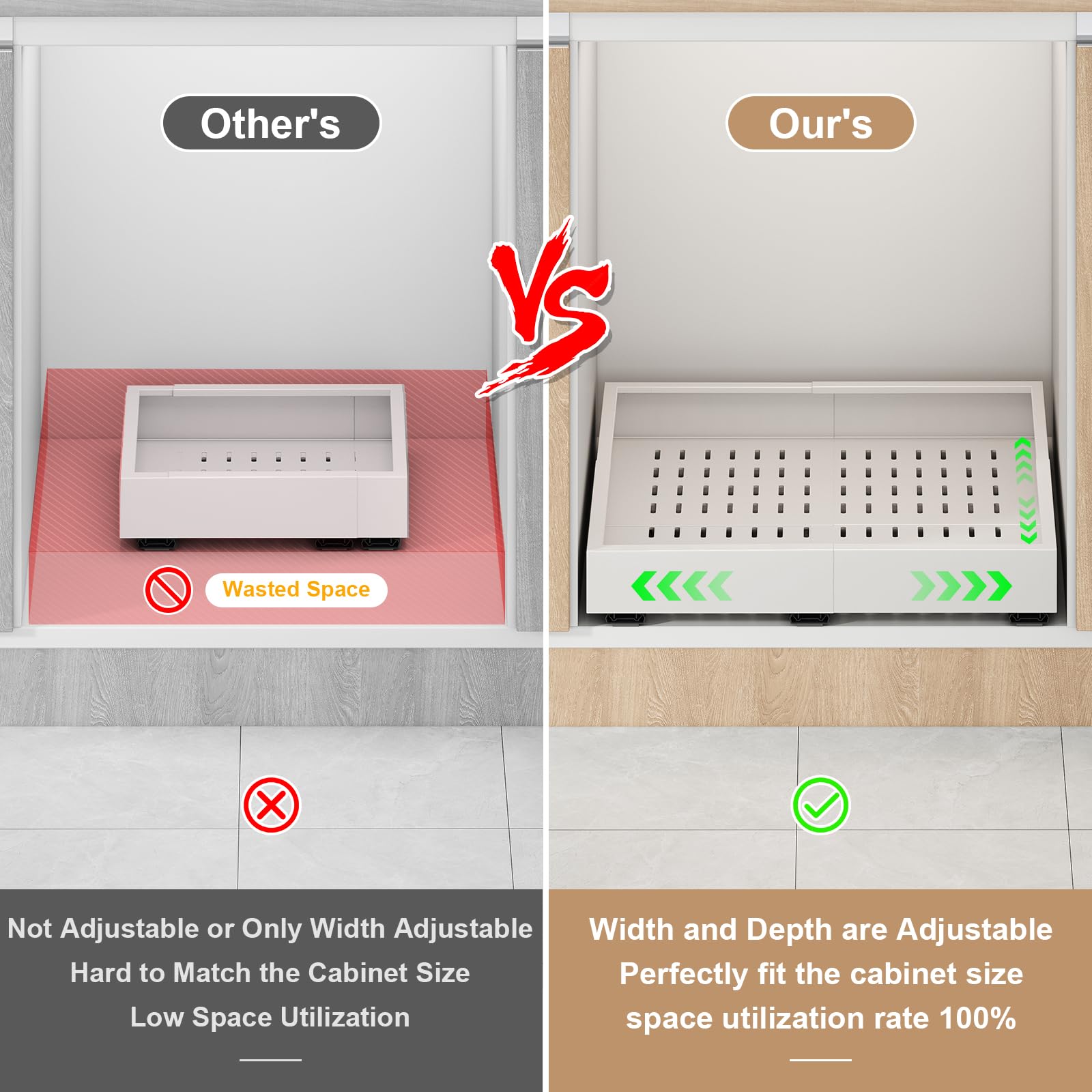 Expandable Pull-Out Cabinet Organizer – Adjustable Width & Depth, 3-Rail No-Drill Slide-Out Drawers (White)