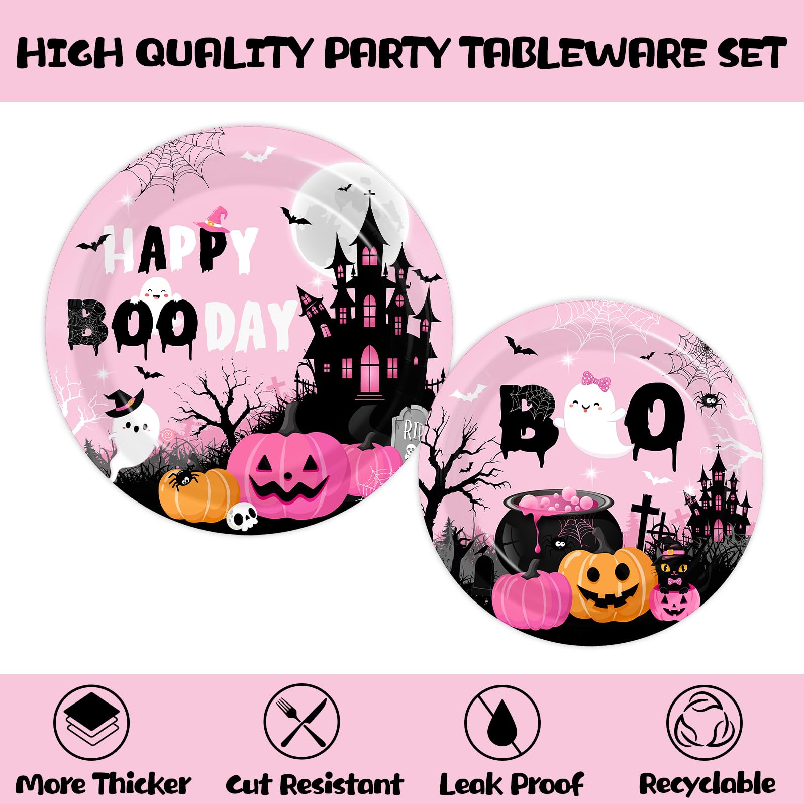 Happy Boo Day Halloween Party Supplies – 144 Pcs Pink Ghost & Pumpkin Plates, Cups, Napkins & Cutlery Set for 24 Guests