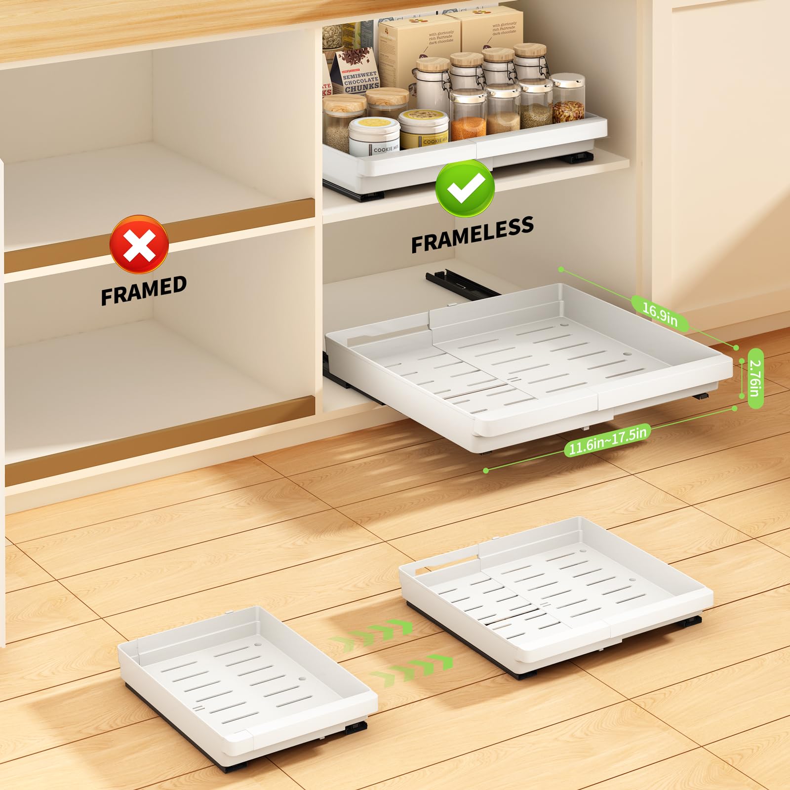 DOMNIU Expandable Pull-Out Cabinet Drawer Set – Adjustable Slide-Out Storage for Kitchen, Pantry & Under Sink (White, 4 Pack)