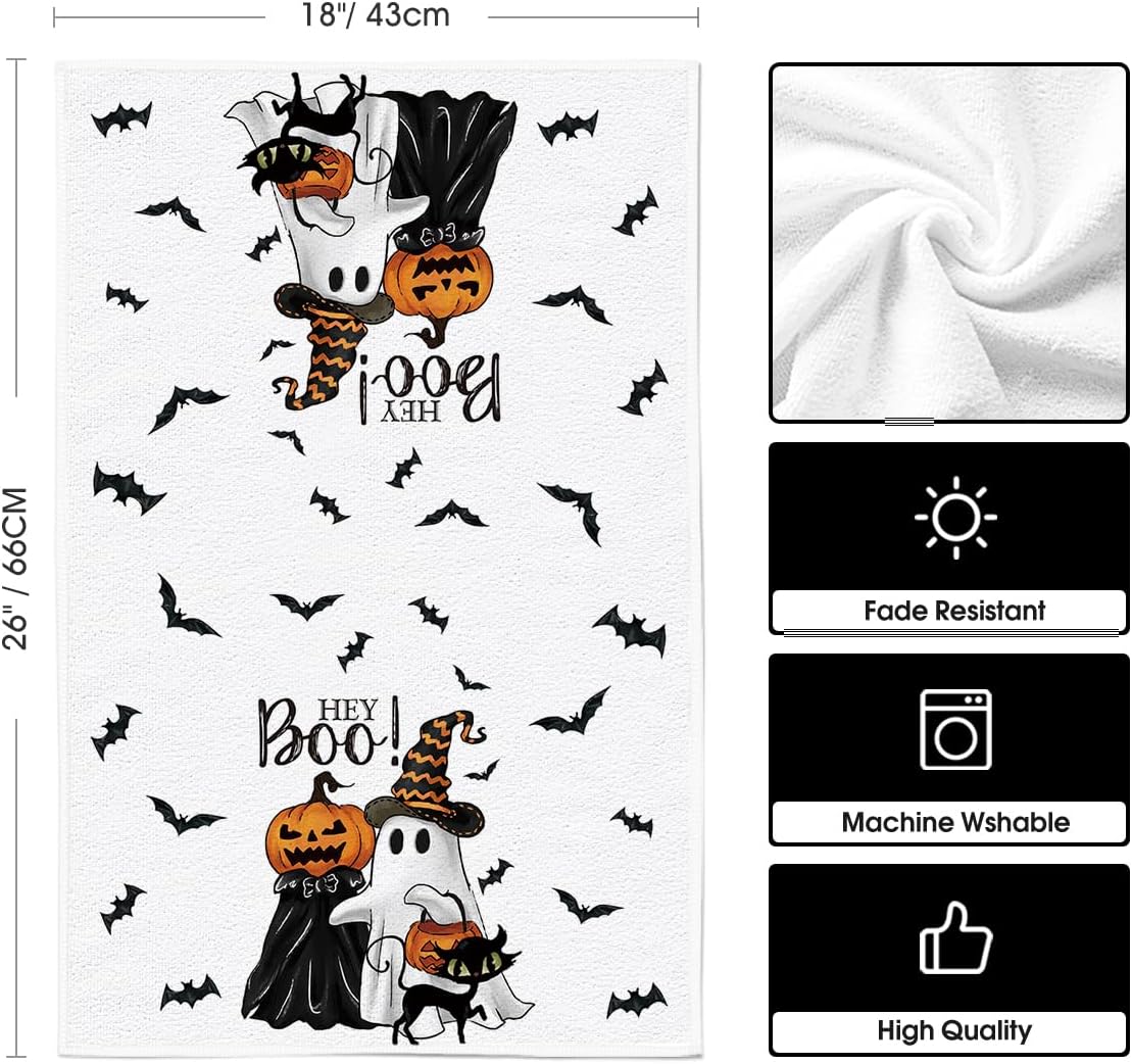 Artoid Mode Ghost Pumpkins Bats Cat Hey Boo Halloween Kitchen Towels Dish Towels, 18x26 Inch Seasonal Decoration Hand Towels Set of 2