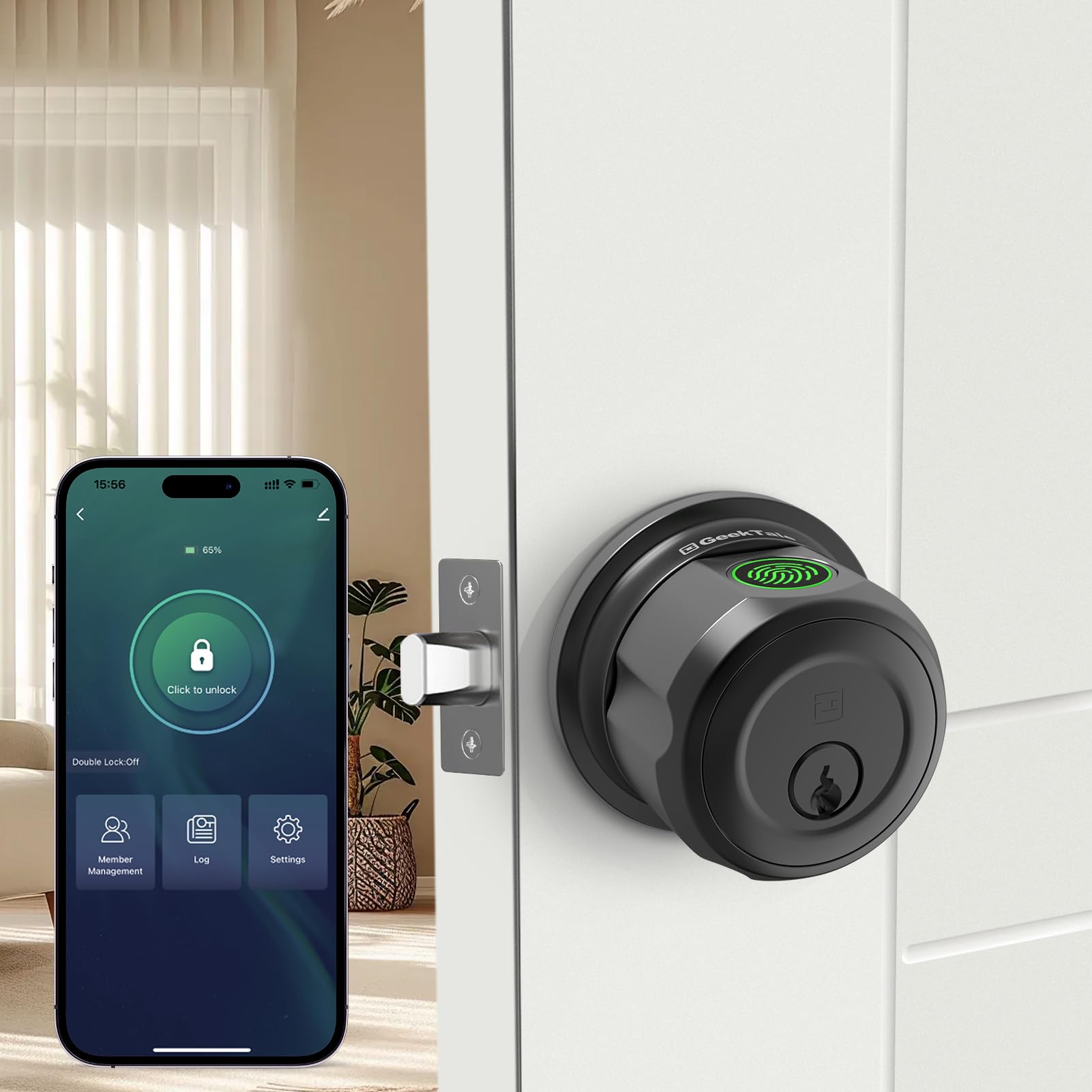 Smart Fingerprint Door Lock with Bluetooth App & Key Access, Rechargeable Digital Door Knob Lock with Voice Control Support