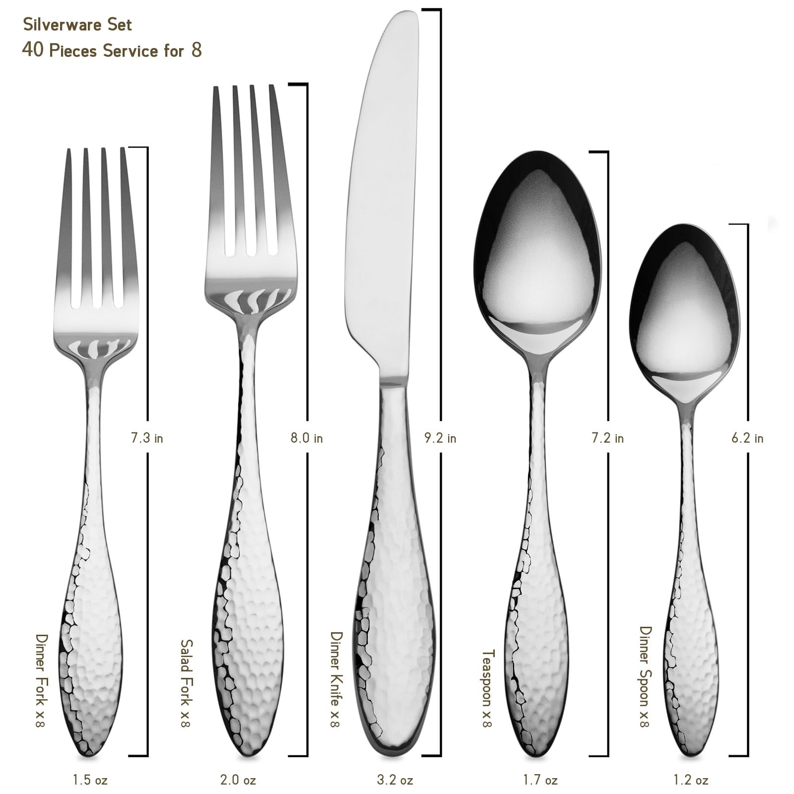 40-Piece Hammered Stainless Steel Flatware Set for 8 – 18/10 Cutlery, Mirror Finish (Silver)