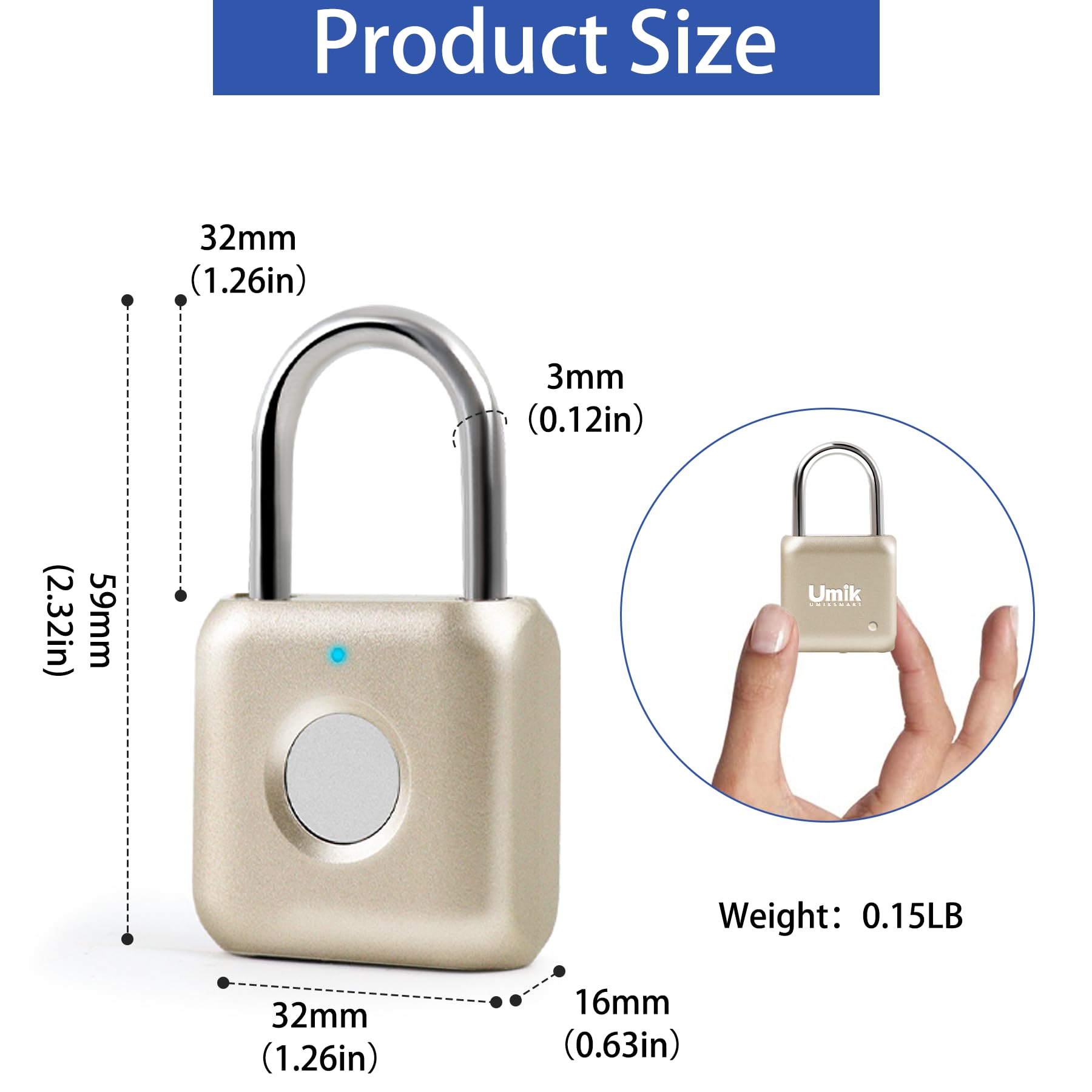 UMIKSMART Biometric Fingerprint Padlock with USB-C Rechargeable Battery, Fast Unlock Smart Lock for Gym Locker, Backpack & Storage