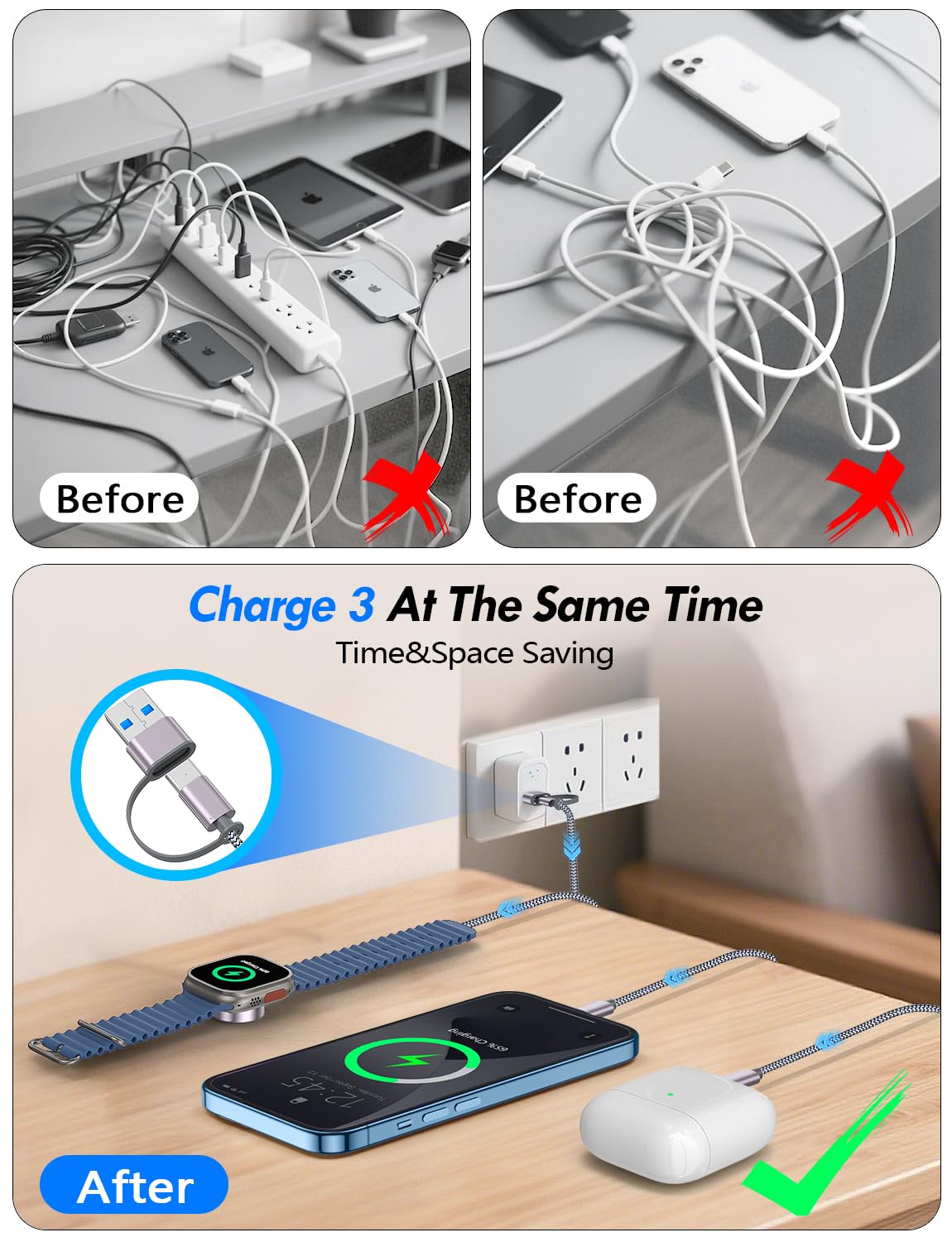 2-Pack 3-in-2 Multi Charging Cable for iPhone, Apple Watch & USB-C Devices – Travel Charging Cord (Gray)