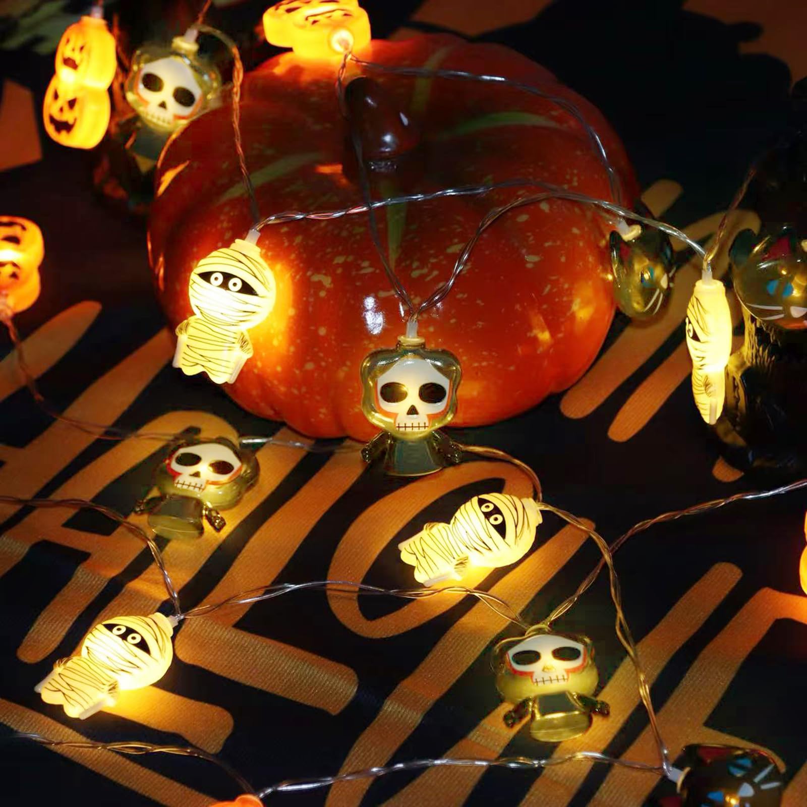 Orange Pumpkin Halloween String Lights – 20 LED Battery-Operated Waterproof Fairy Lights with Timer & 8 Modes