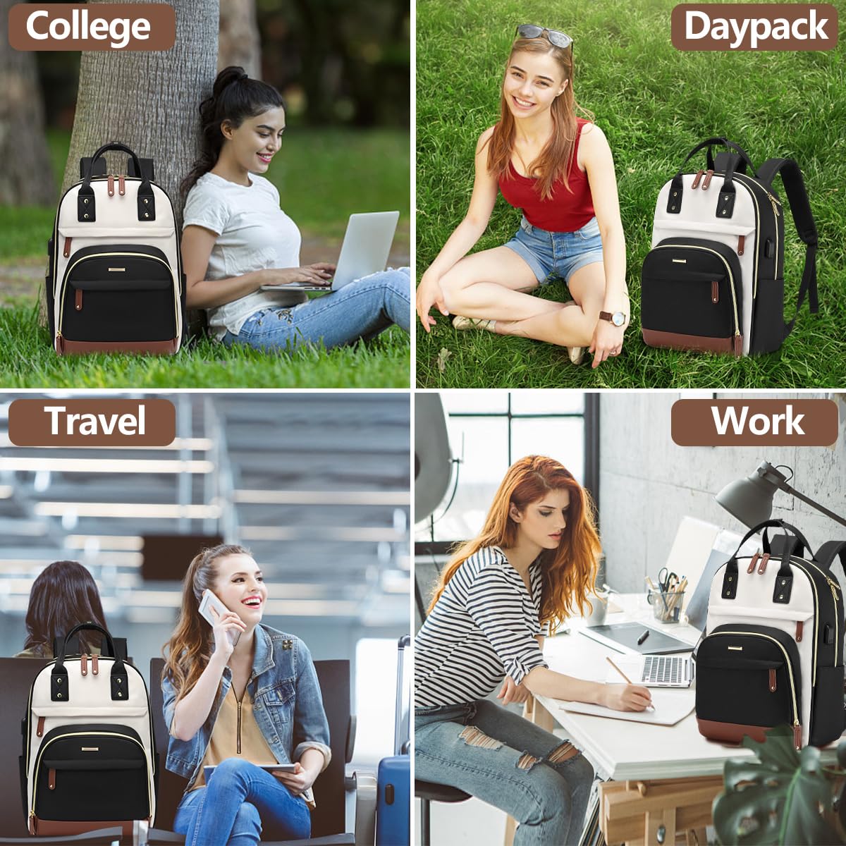 Women’s Laptop Backpack with USB Charging Port – Stylish Business & Travel Backpack for 15.6″ Laptops (Black Beige)