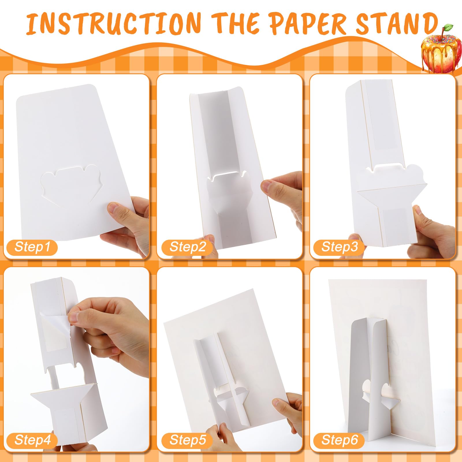 Caramel Apple Bar Decoration Kit – 14-Piece Fall Dessert Table Set with Standee & 12 Tent Cards (Orange Plaid Design)