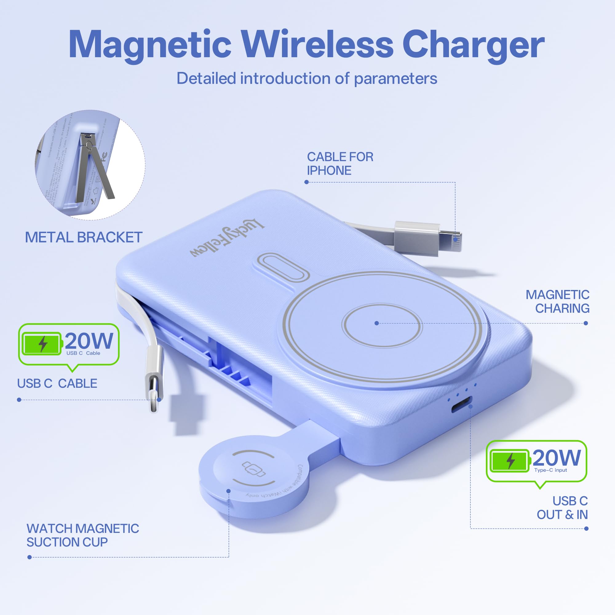 Magnetic 10,000mAh Power Bank – All-in-One Wireless Charging Station with Built-In Cables & Stand (Blue)