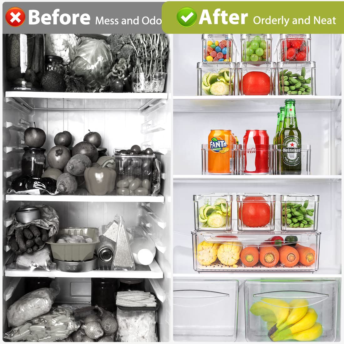 Clear Refrigerator Organizer Bins – 10 Pack Stackable Pantry & Fridge Storage Containers with Drain Tray