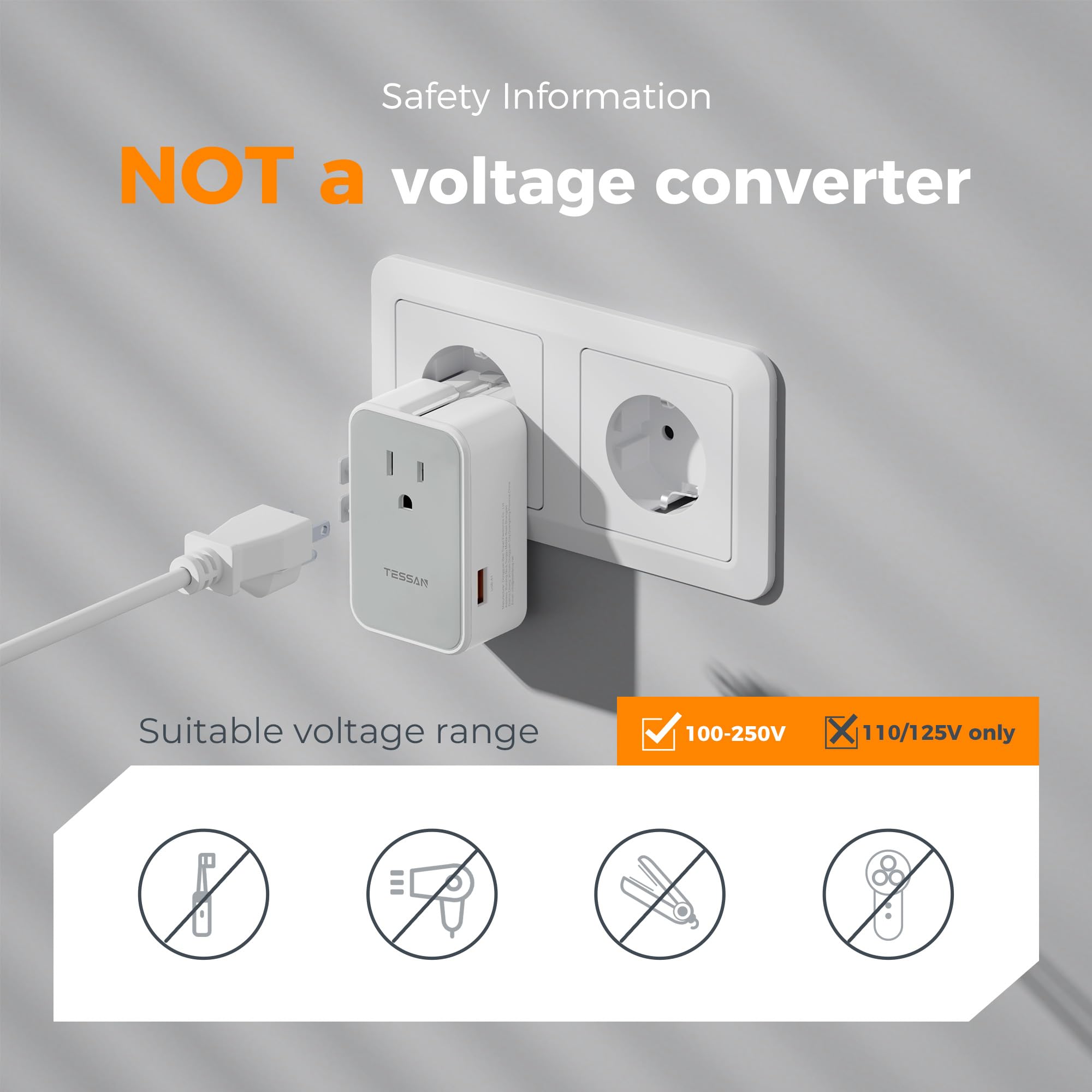 TESSAN 20W Universal Travel Adapter Worldwide with Dual USB-C & USB-A Ports, 4-in-1 International Plug Converter for Europe UK USA Australia – Grey