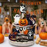 Halloween Tiered Tray Decor Set – 17-Piece Wooden Sign Kit with Warm Lights, Ghosts, Pumpkins & Cats