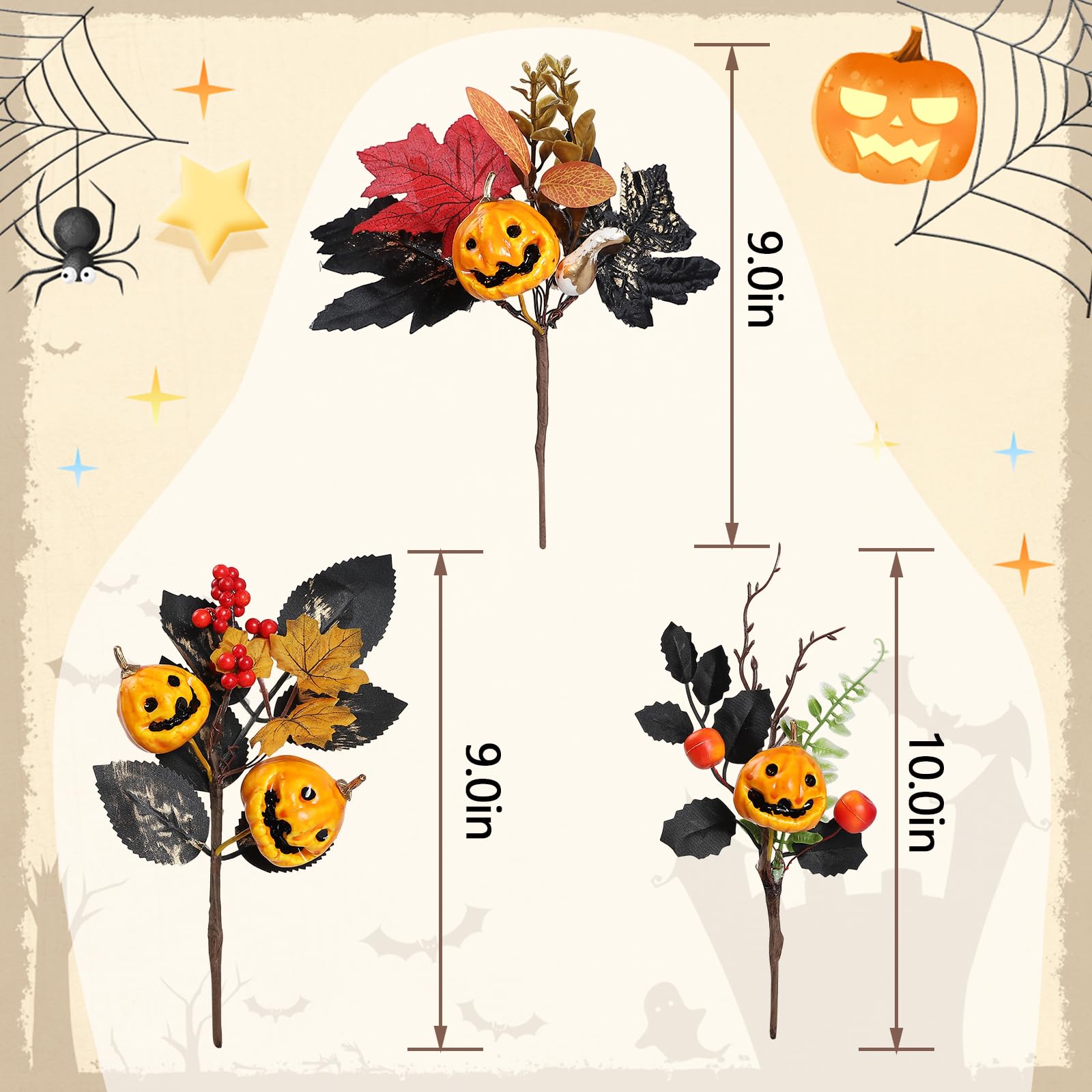 Lcuasc 6pcs Halloween Pumpkins Picks 9-10" Floral Picks with Grimace Pumpkin Berry Maple Leaves for Halloween Gothic Holidays Celebration Home Decor,Black