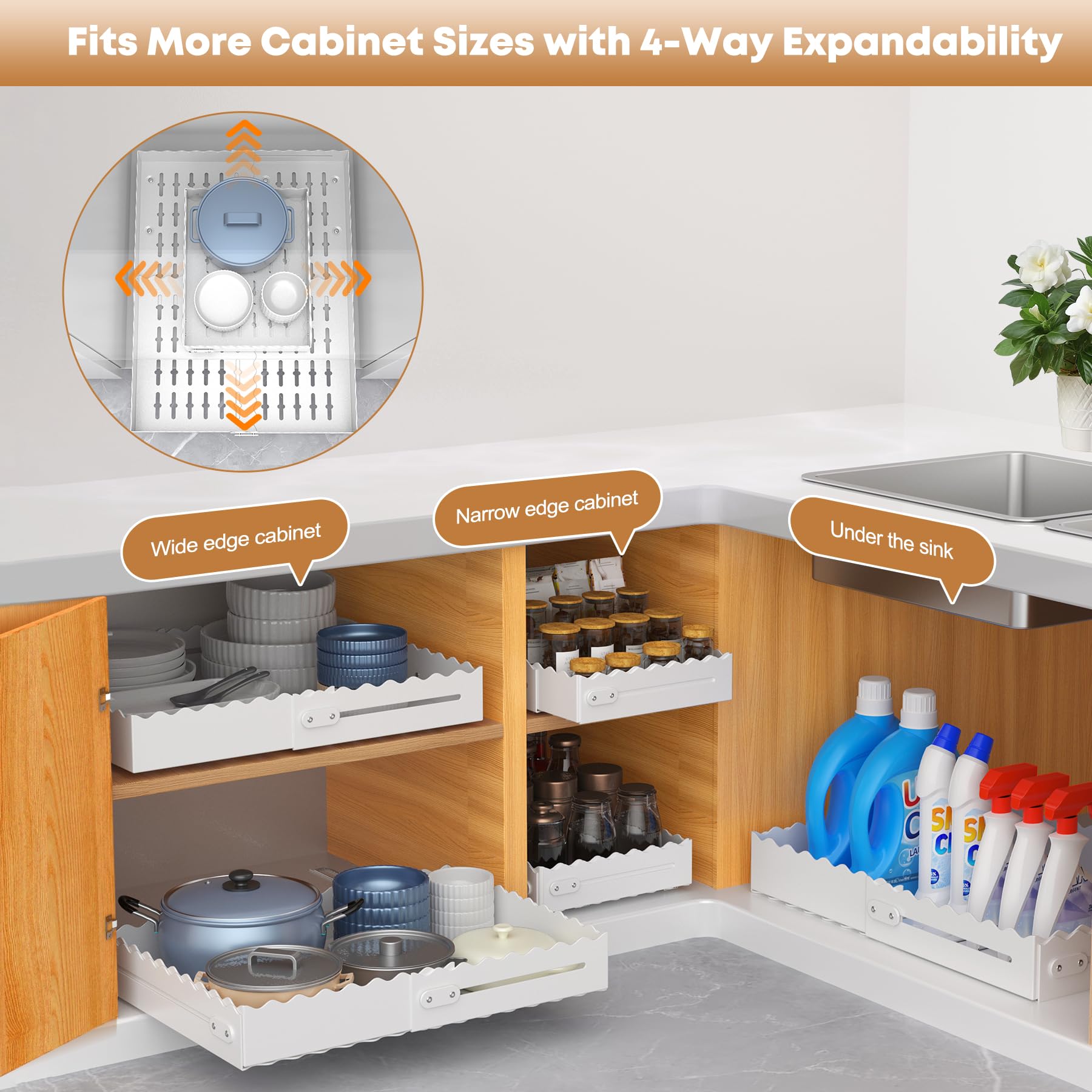 Expandable Pull-Out Cabinet Organizer – No-Drill Slide-Out Drawer with Adjustable Width & Depth for Kitchen & Pantry (White)