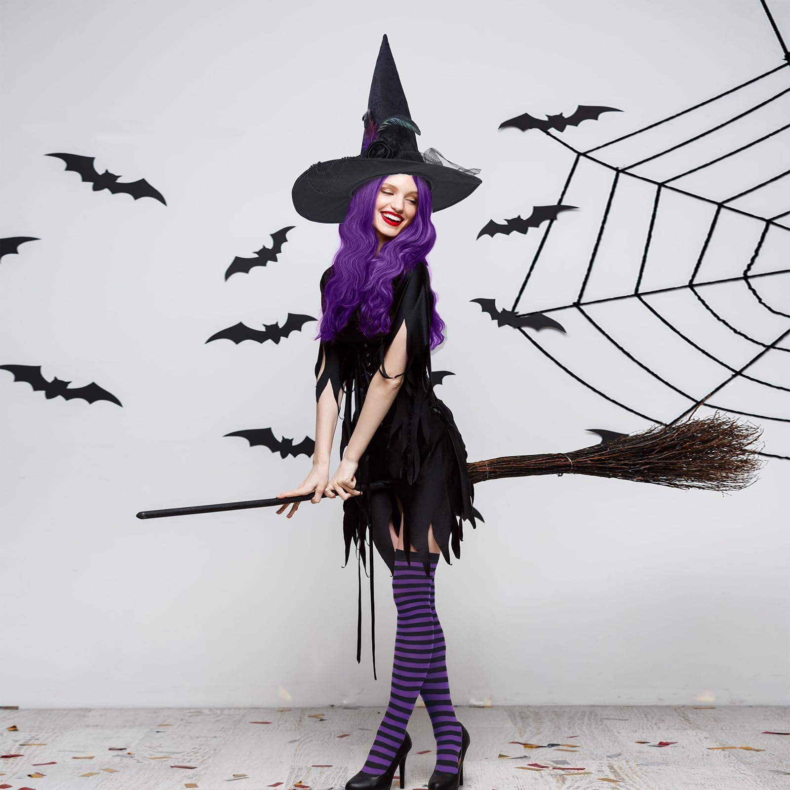 Purple Witch Costume Accessories Set – 3-Piece Halloween Kit with Black Hat, Wig & Striped Stockings