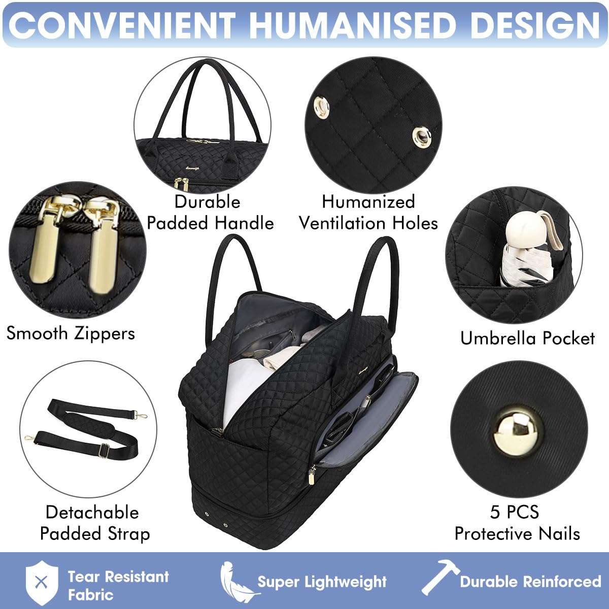 LUOCIP Large Women’s Travel Duffle Bag – Carry-On Weekender with Wet Pocket, Shoe Compartment & Toiletry Bag (Black)