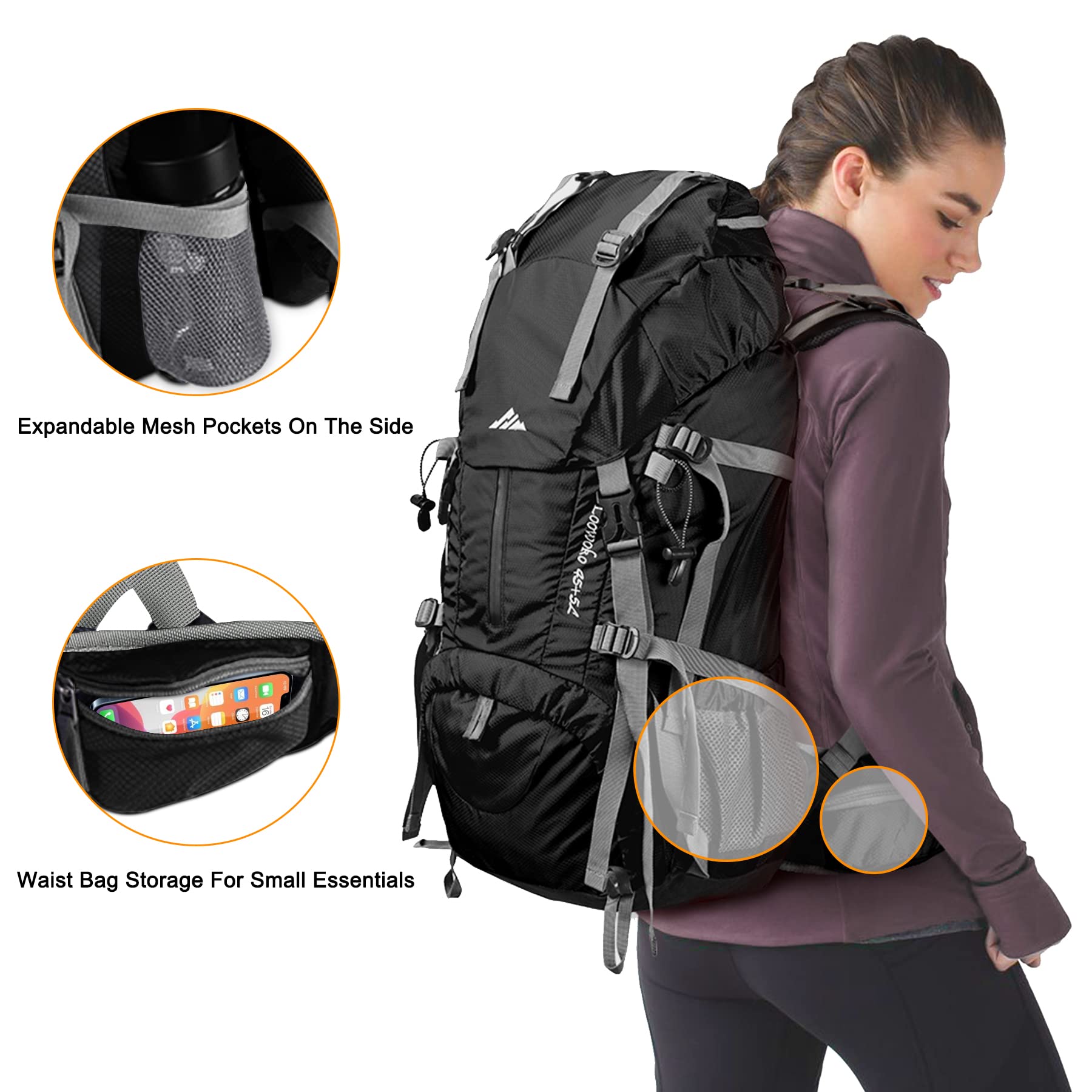 Loowoko 50L Lightweight Waterproof Hiking Backpack with Rain Cover – Camping & Backpacking Essentials – Black
