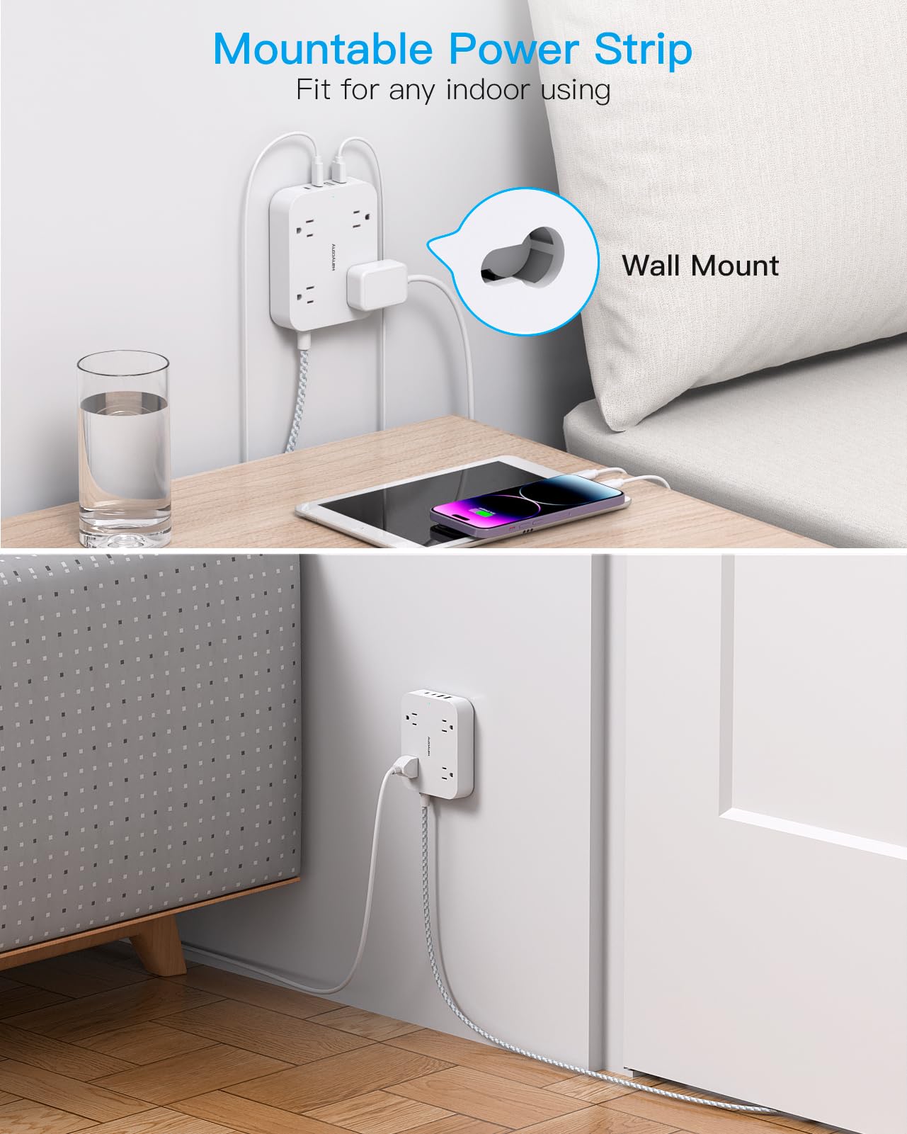 Flat Plug Extension Cord with USB-C – 8-in-1 Power Strip for Desk, Wall & Travel (White)