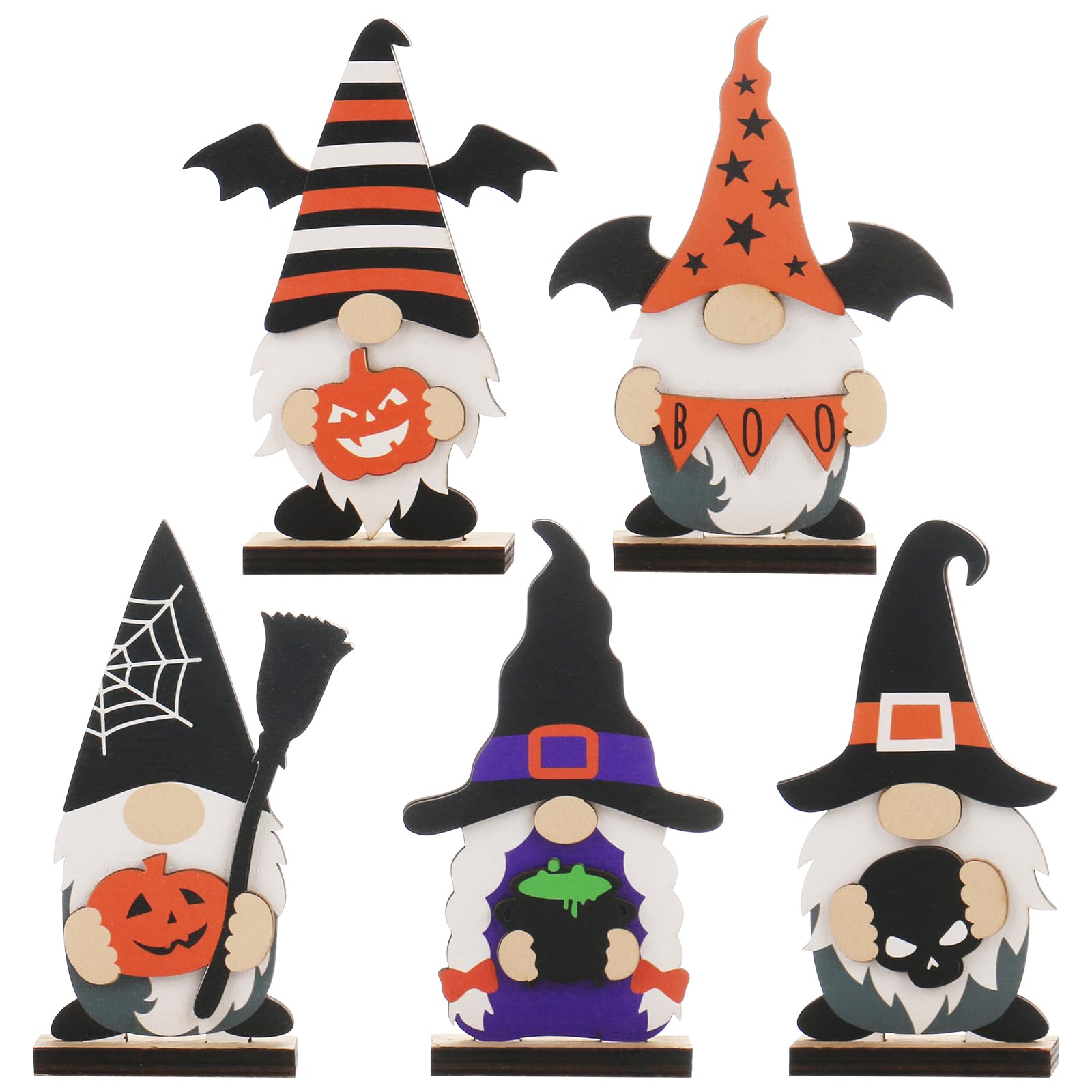 Set of 5 Halloween Gnome Table Decorations – Black, White, Blue & Orange Wooden Figurines for Festive Decor