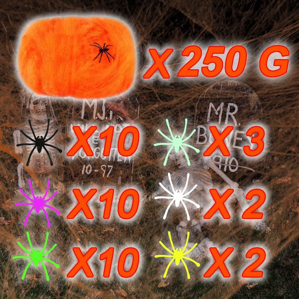 Halloween Orange Spider Web with Glow-in-the-Dark Effect – 250g Web + 37 Spiders + 2 Black Lights