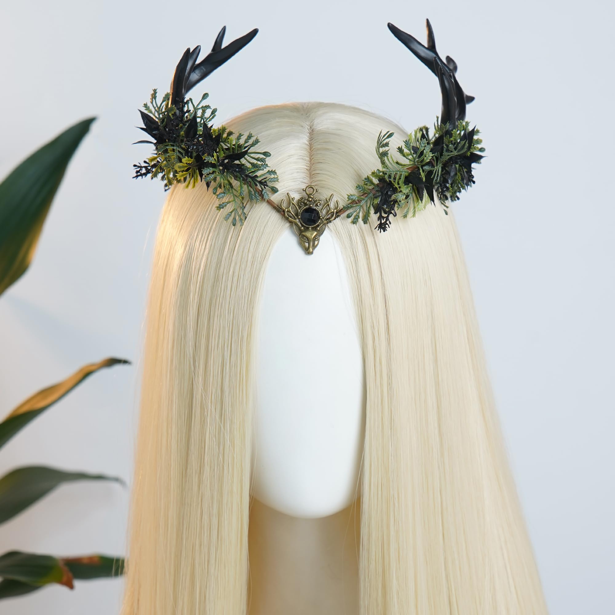 Black-Green Antler Flower Crown – Handmade Fairy & Woodland Costume Headpiece
