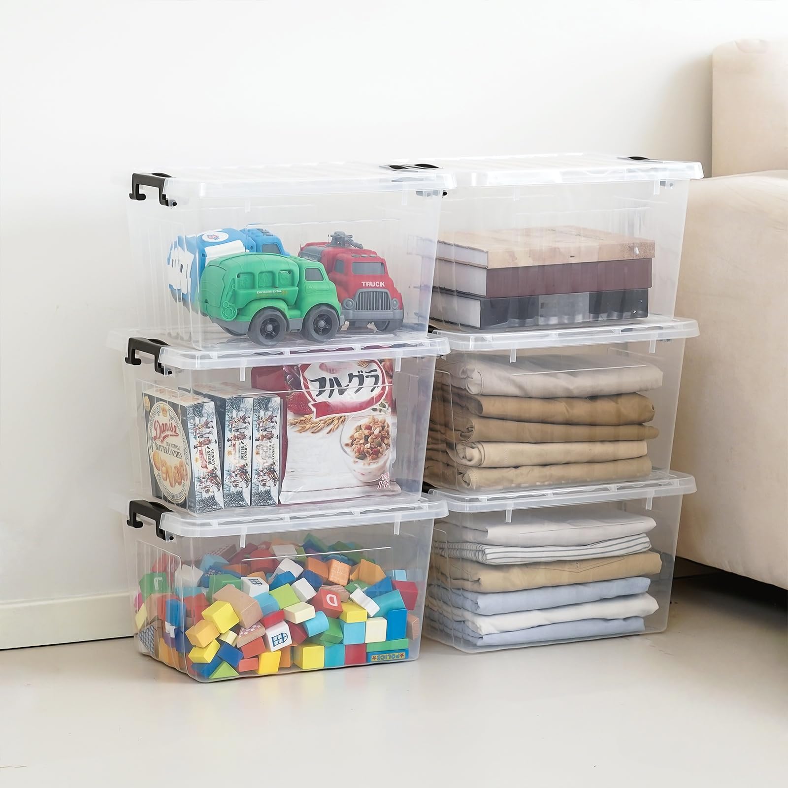Clear White Stackable Storage Bins with Lids – 22 Qt Large Capacity Home Organization Set (6 Pack)