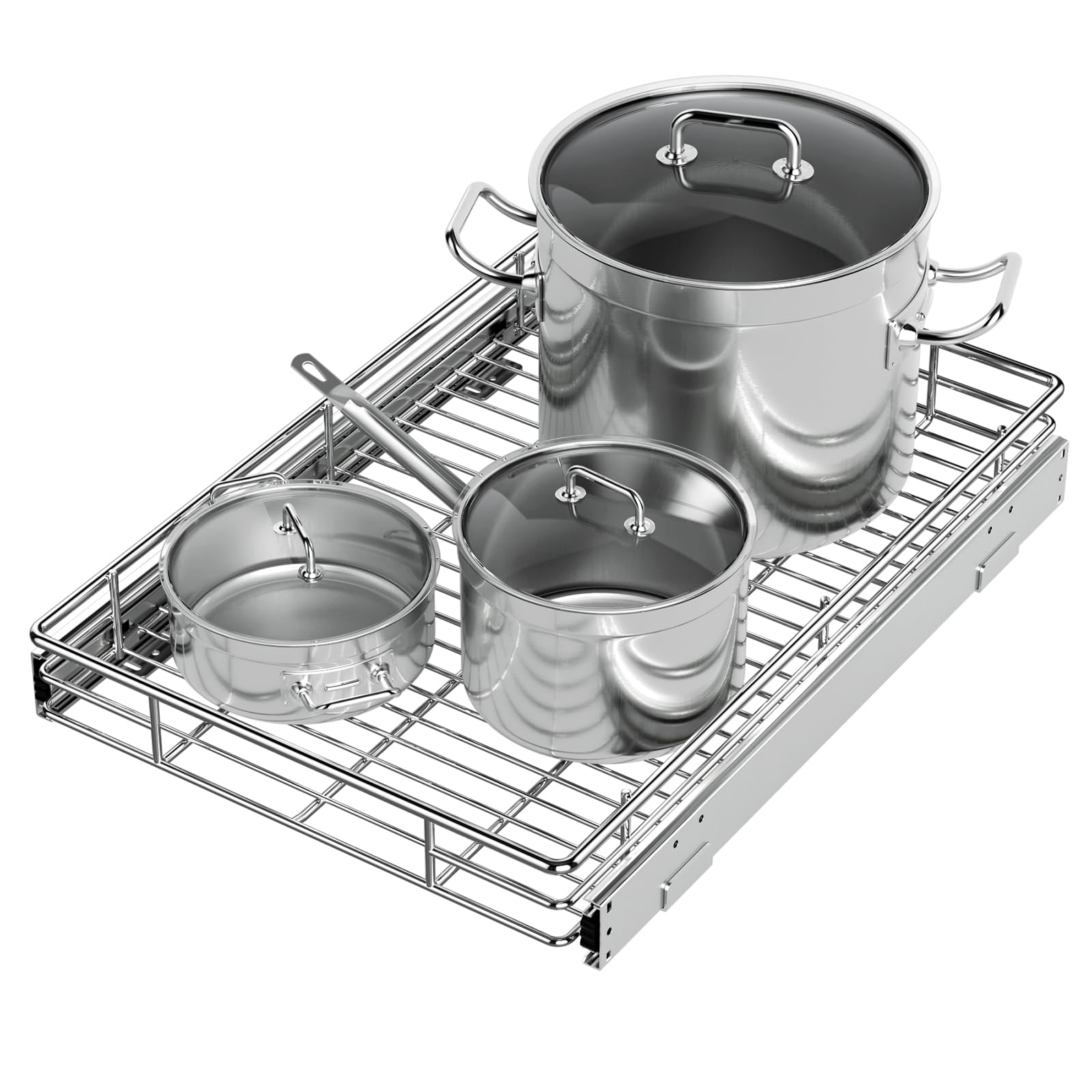 Heavy-Duty Pull-Out Cabinet Organizer – Chrome Slide-Out Drawer Basket for Kitchen Storage (14.8” W x 21” D)